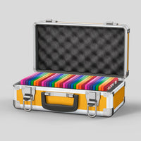 Open view of the Dragonscale Basilisk X-40 Compact metal slab case in gold holding 32 PSA slabs with Dragonscale guards.