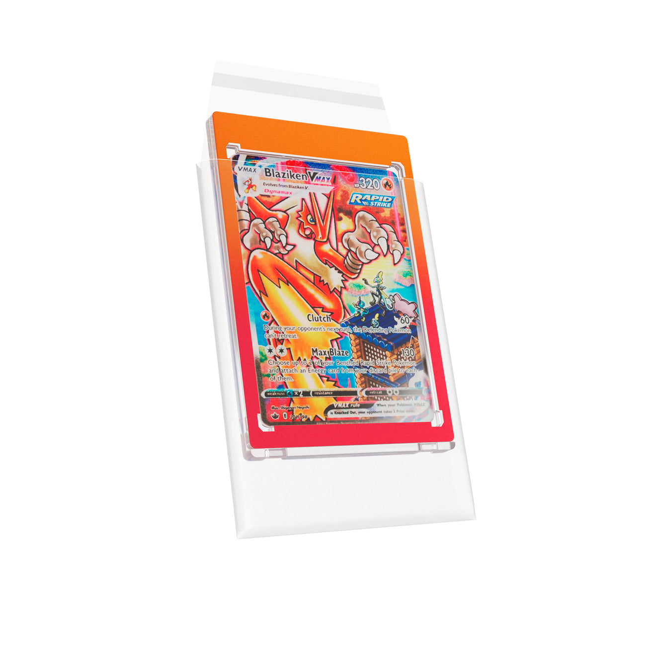 Full demonstration of a Blaziken VMAX Chilling Reign fully inserted into a clear Dragonscale Toploader card sleeve protector.
