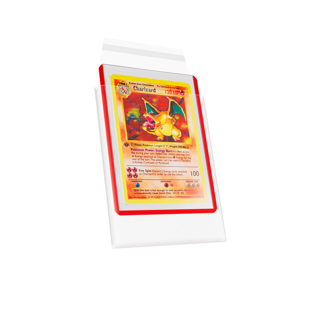Full demonstration of a 1st Edition Base Set Charizard fully inserted into a clear Dragonscale Toploader card sleeve protector.