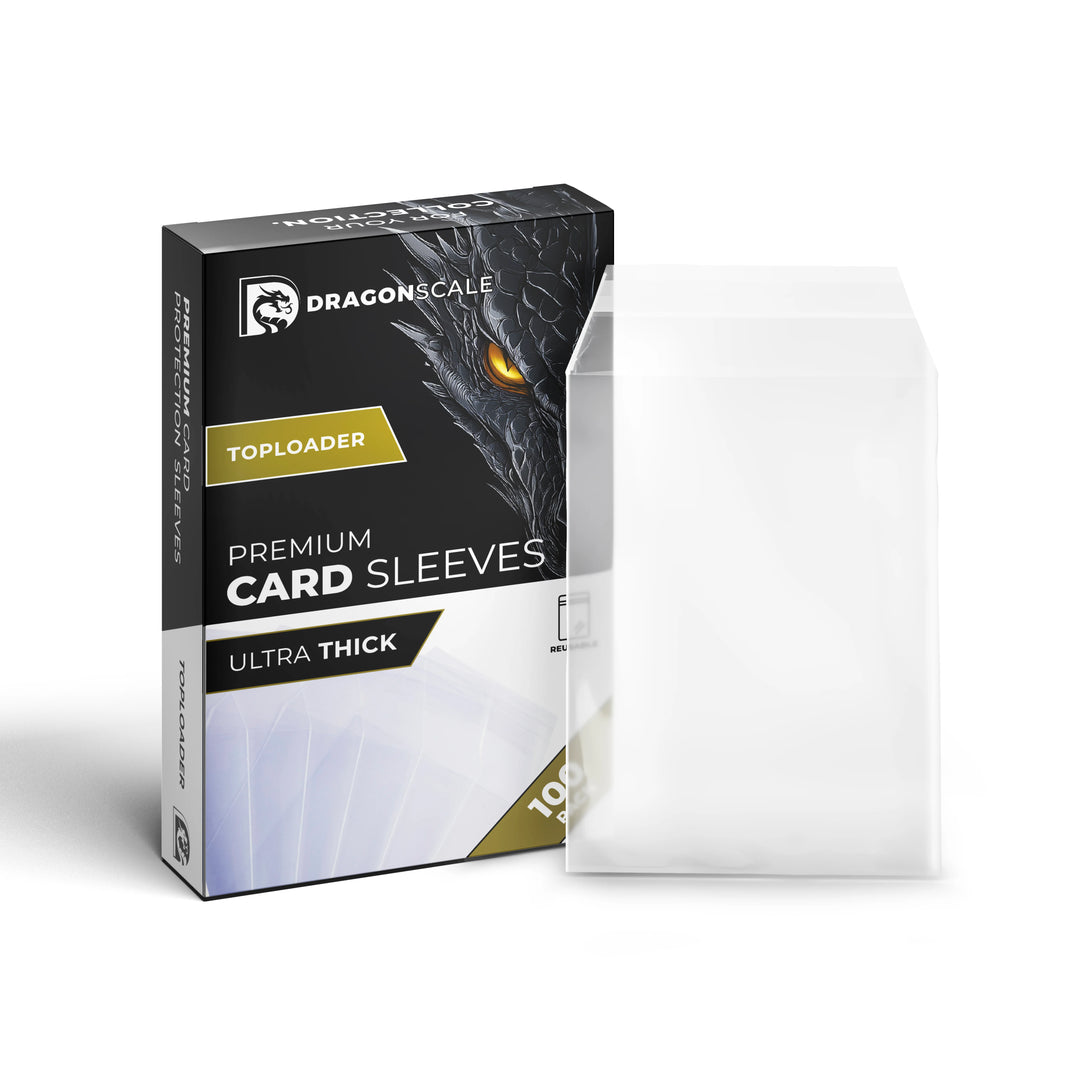 Dragonscale 100-pack Toploader card sleeves with retail box shown beside a single clear sleeve.