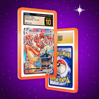 Front and back view of a CGC slab in Radiant Blaze Dragonscale bumper guard, featuring a Blaziken VMAX Chilling Reign CGC 10 Pokemon card.