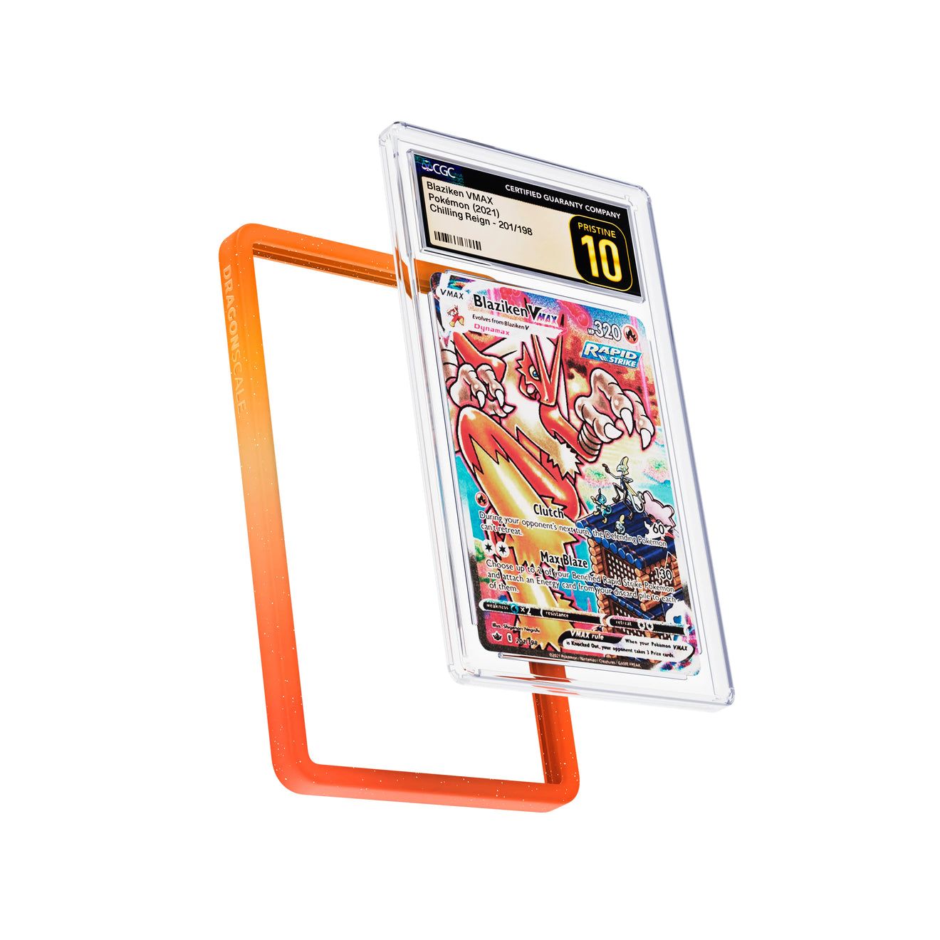 Display and demo view of a CGC slab in Radiant Blaze Dragonscale bumper guard, featuring a Blaziken VMAX Chilling Reign CGC 10 Pokemon card.