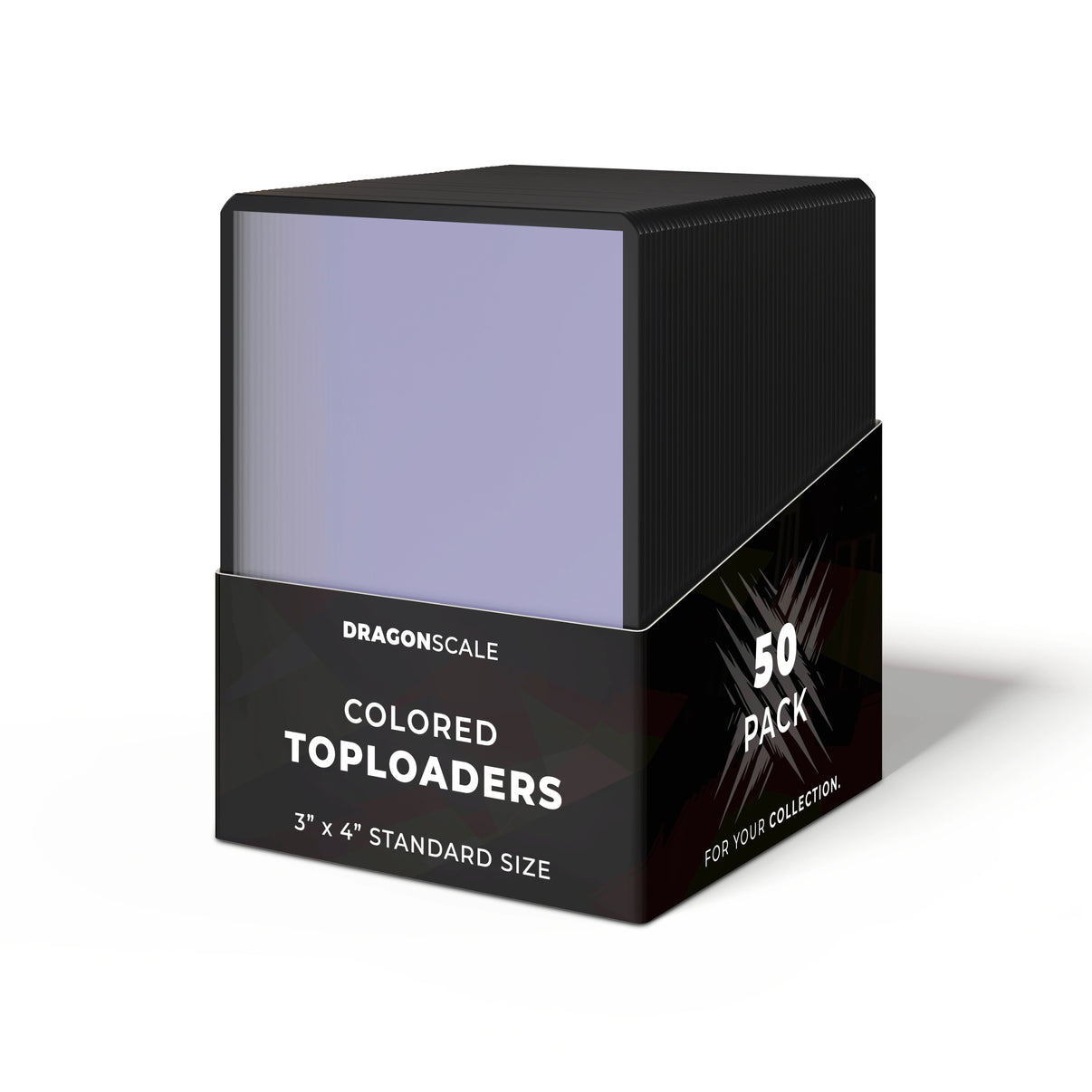 Packaging view of the Dragonscale 50 pack Colored Toploader Black for Standard Trading Cards with Dragonscale packaging box and label.