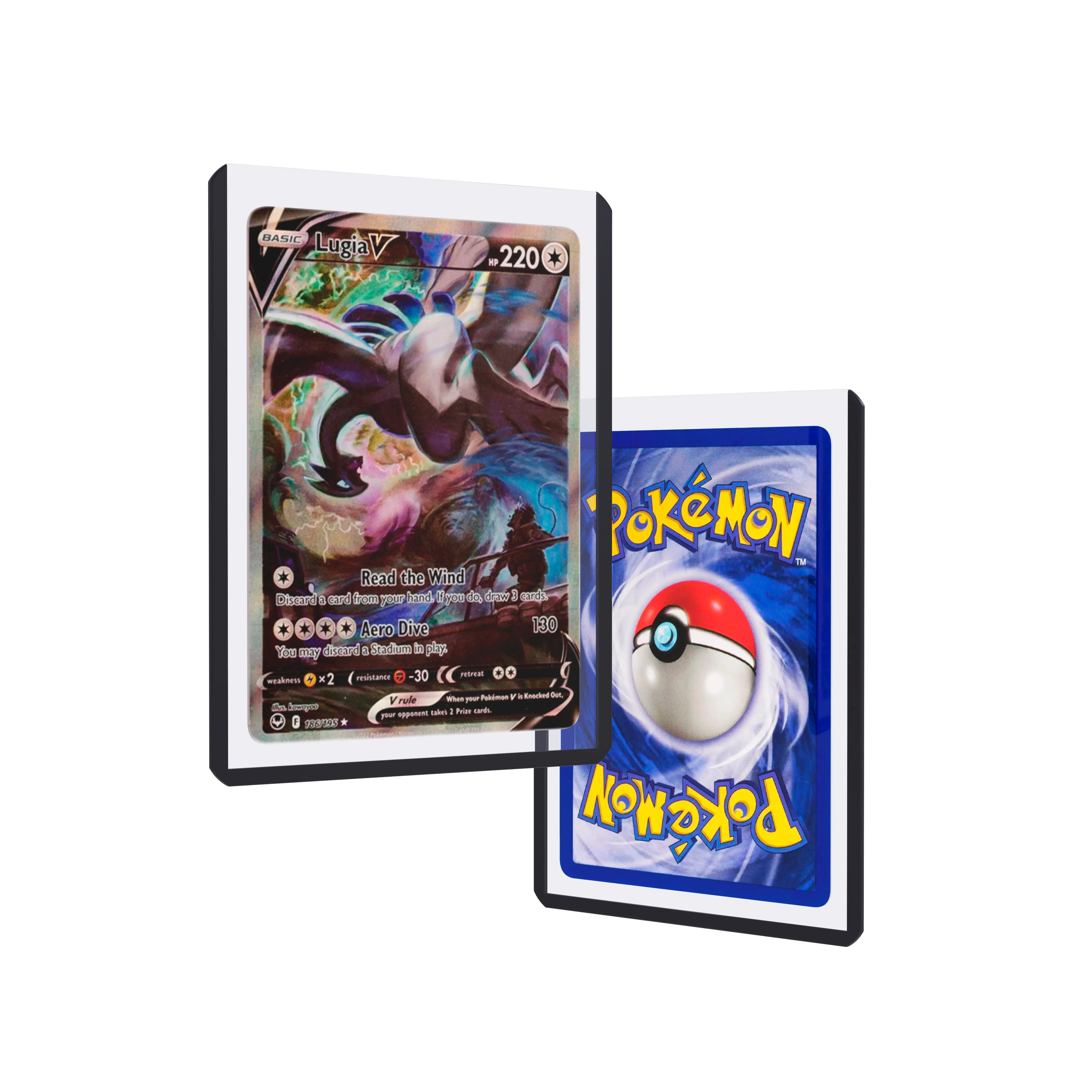 Front and back duo view of a Dragonscale Colored Toploader Black, featuring a Lugia V Silver Tempest PSA 10 Pokemon card.