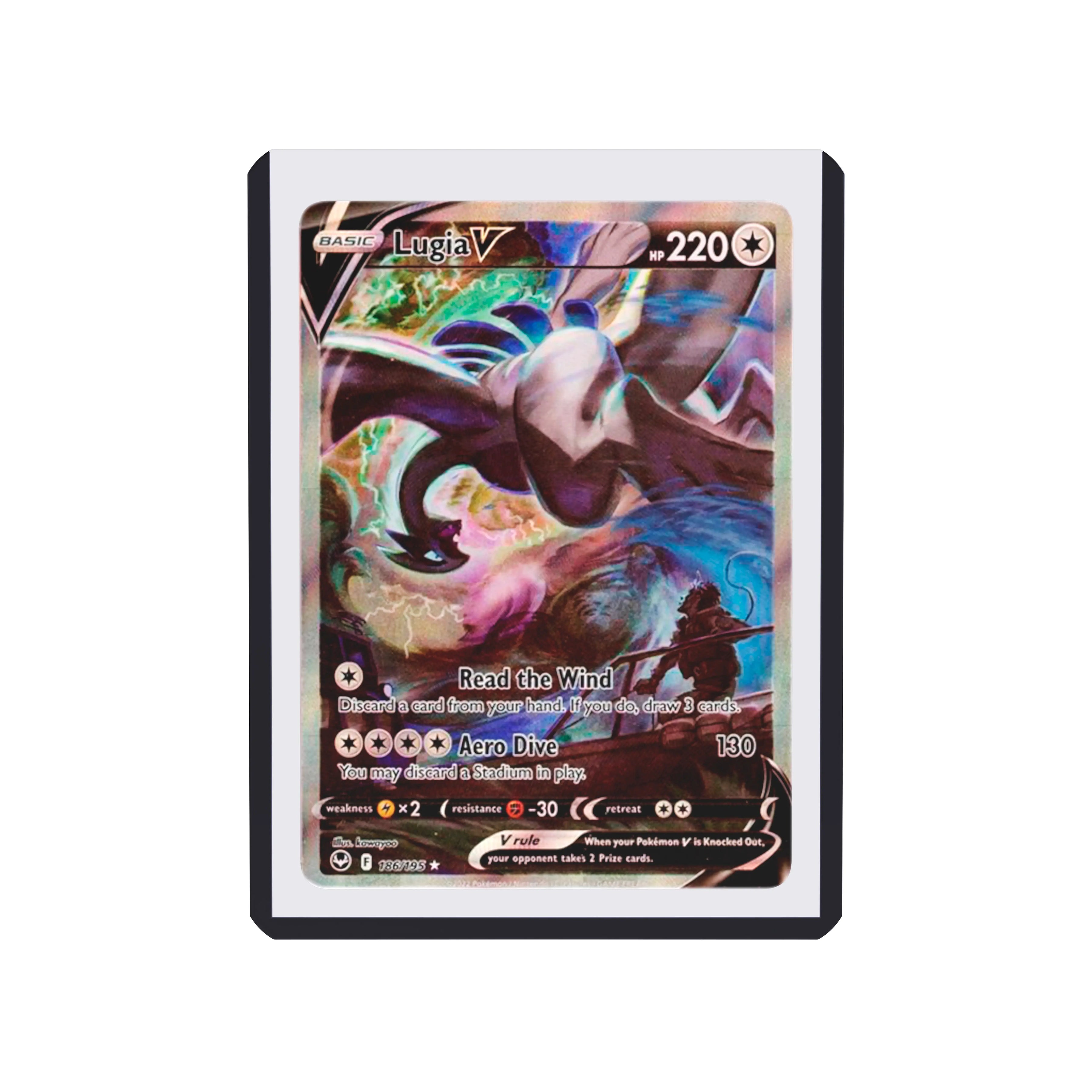 Front-facing flat view of the Dragonscale Colored Toploader Black, featuring a Lugia V Silver Tempest PSA 10 Pokemon card.