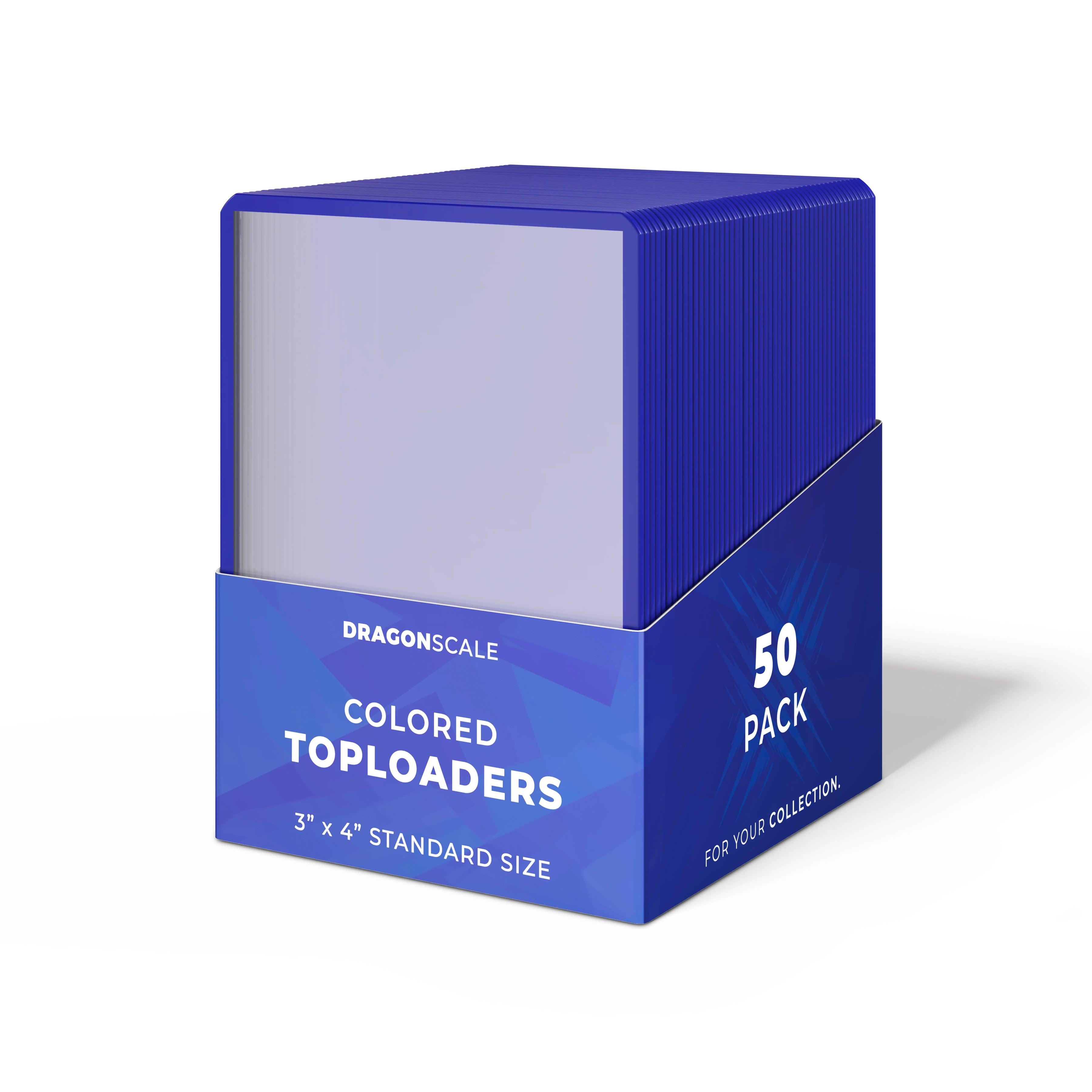 Packaging view of the Dragonscale 50 pack Colored Toploader Blue for Standard Trading Cards with Dragonscale packaging box and label.