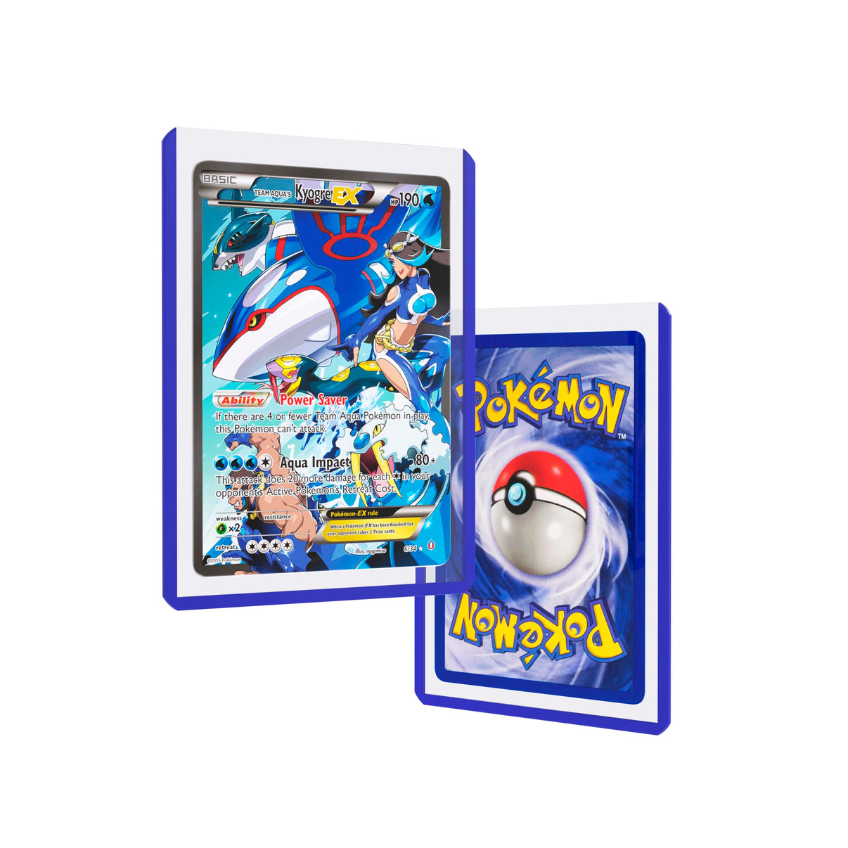 Front and back duo view of a Dragonscale Colored Toploader Blue, featuring a Team Aqua’s Kyogre EX  Double Crisis PSA 10 Pokemon card.