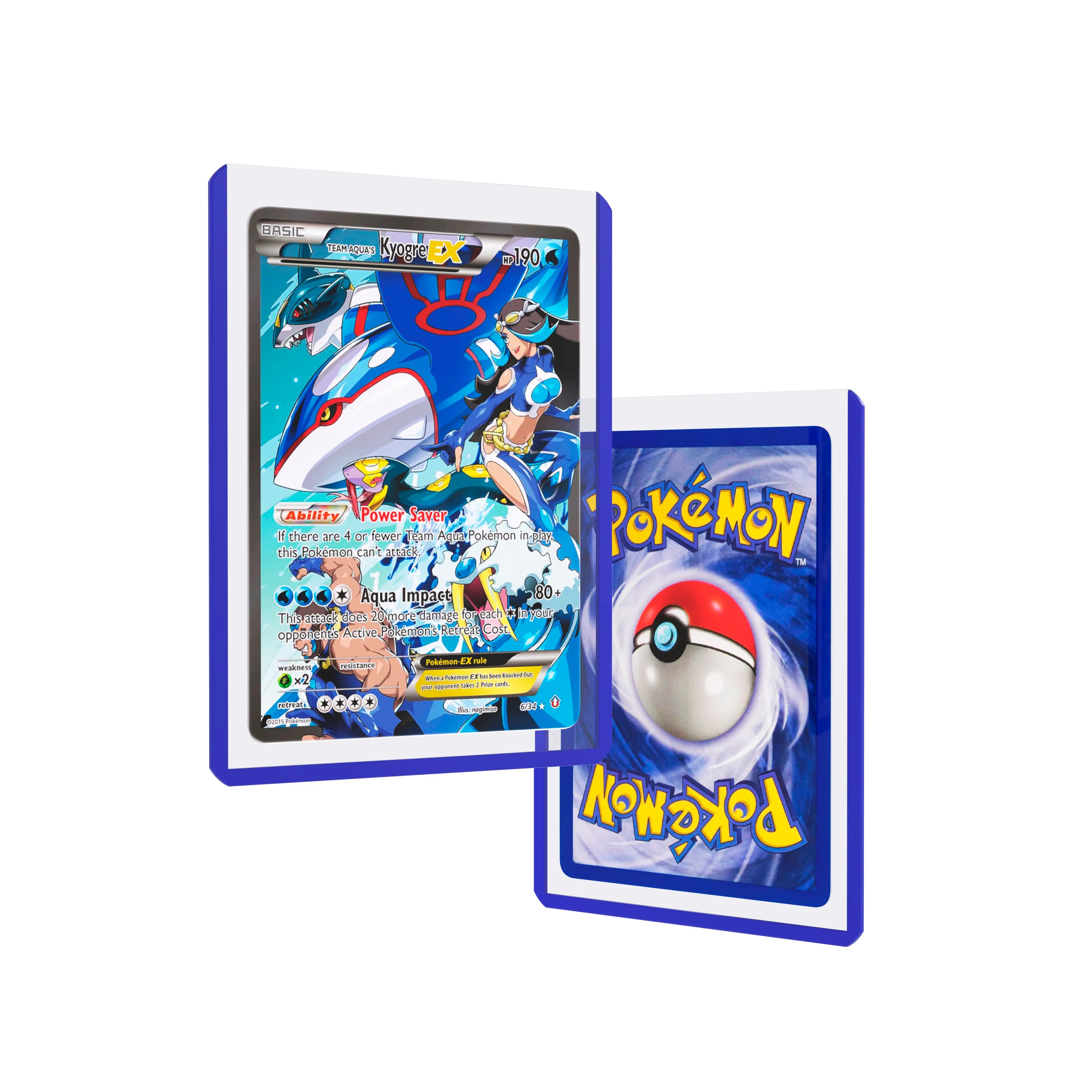 Front and back duo view of a Dragonscale Colored Toploader Blue, featuring a Team Aqua’s Kyogre EX  Double Crisis PSA 10 Pokemon card.