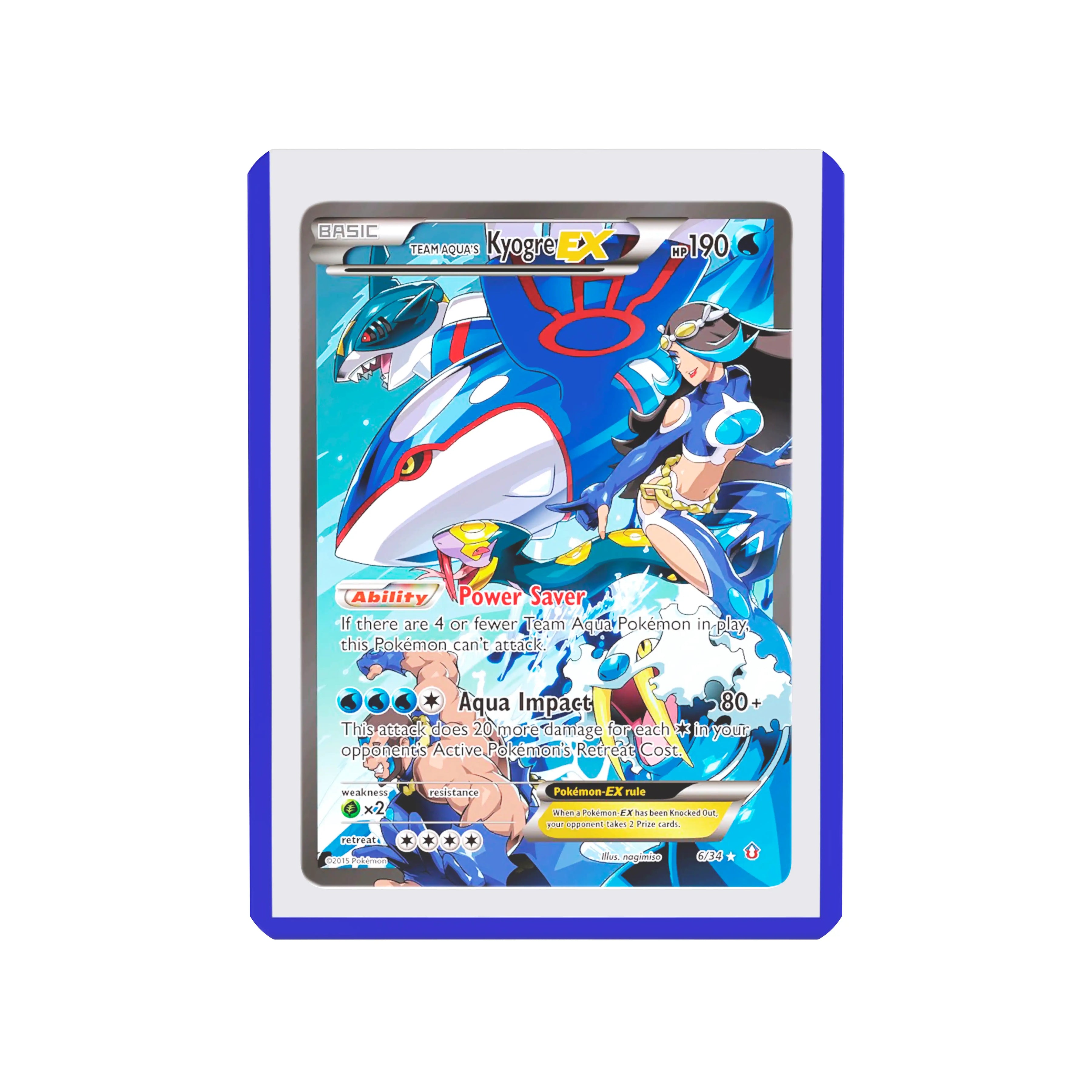 Front-facing flat view of the Dragonscale Colored Toploader Blue, featuring a Team Aqua’s Kyogre EX  Double Crisis PSA 10 Pokemon card.