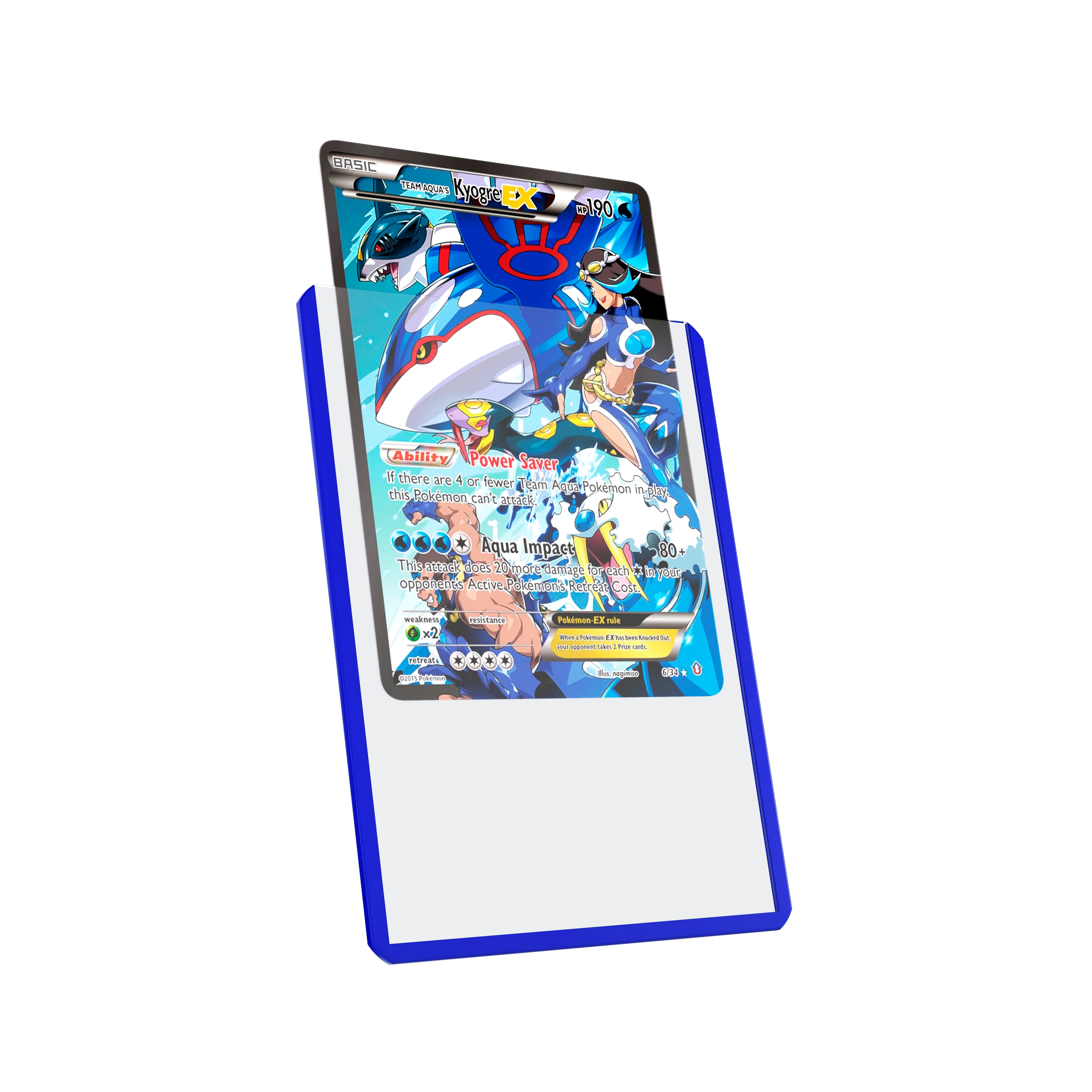 Display and demo view of a PSA slab in Dragonscale Colored Toploader Blue, featuring a Team Aqua’s Kyogre EX  Double Crisis PSA 10 Pokemon card.
