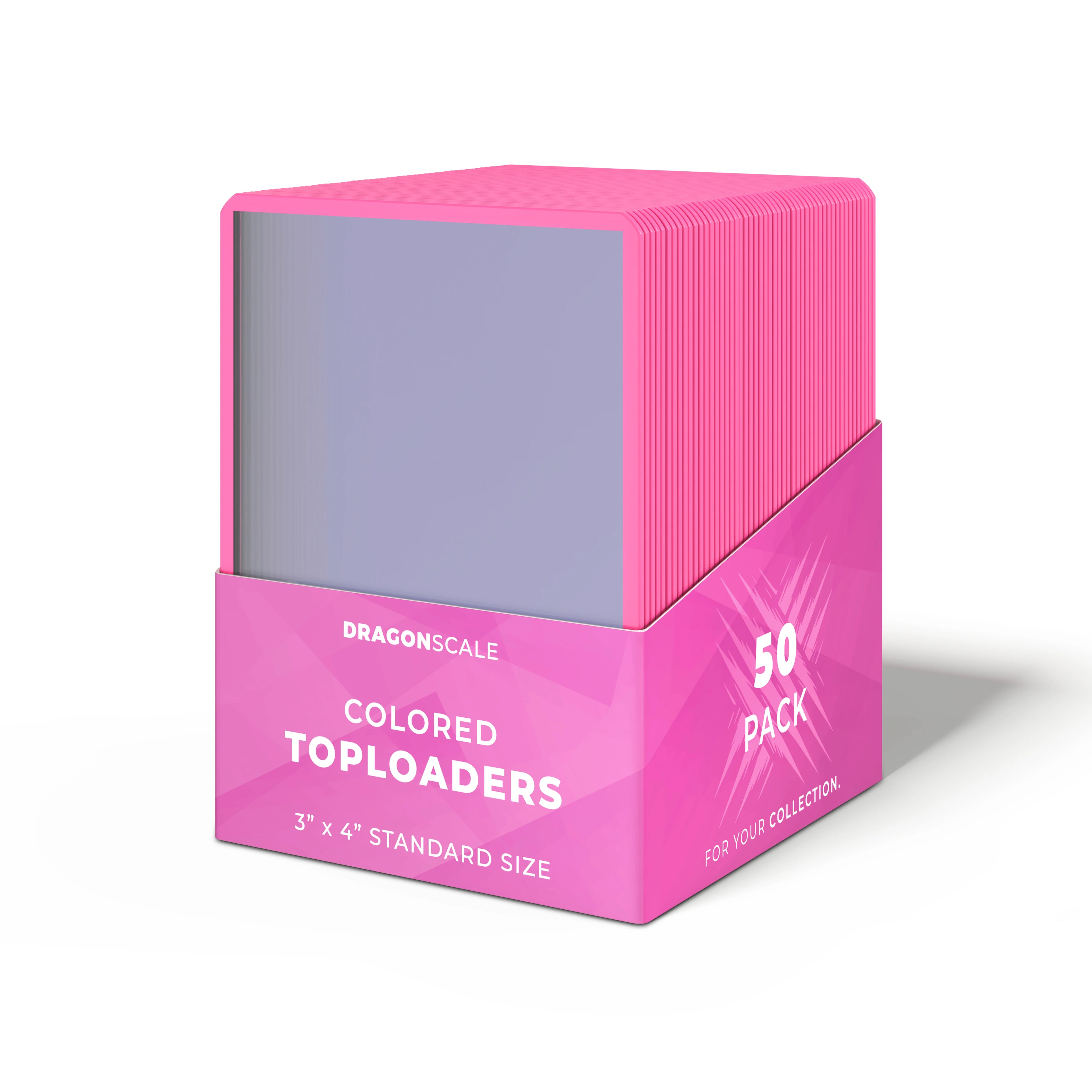 Packaging view of the Dragonscale 50 pack Colored Toploader Pink for Standard Trading Cards with Dragonscale packaging box and label.
