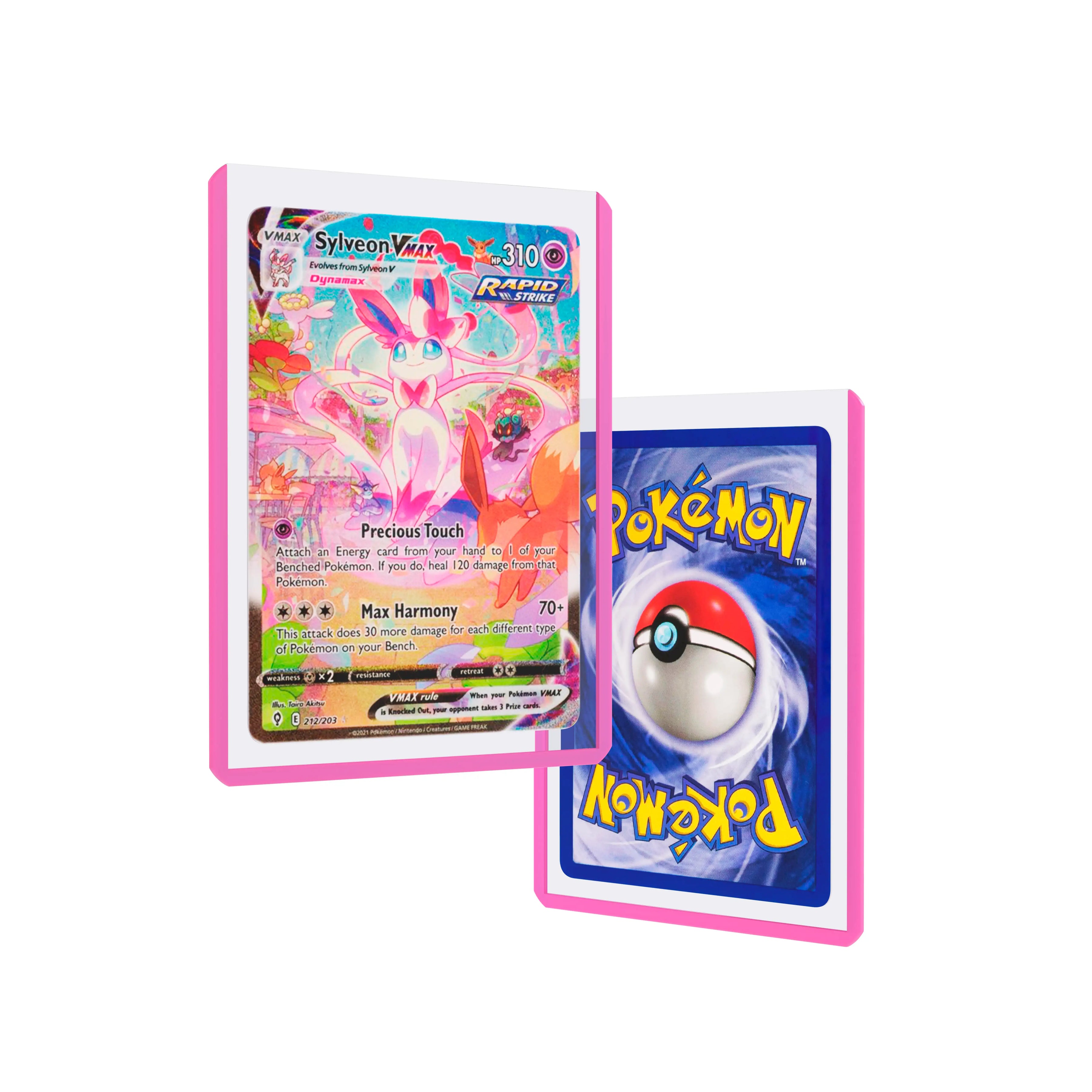 Front and back duo view of a Dragonscale Colored Toploader Pink, featuring a Sylveon VMAX Evolving Skies PSA 10 Pokemon card.