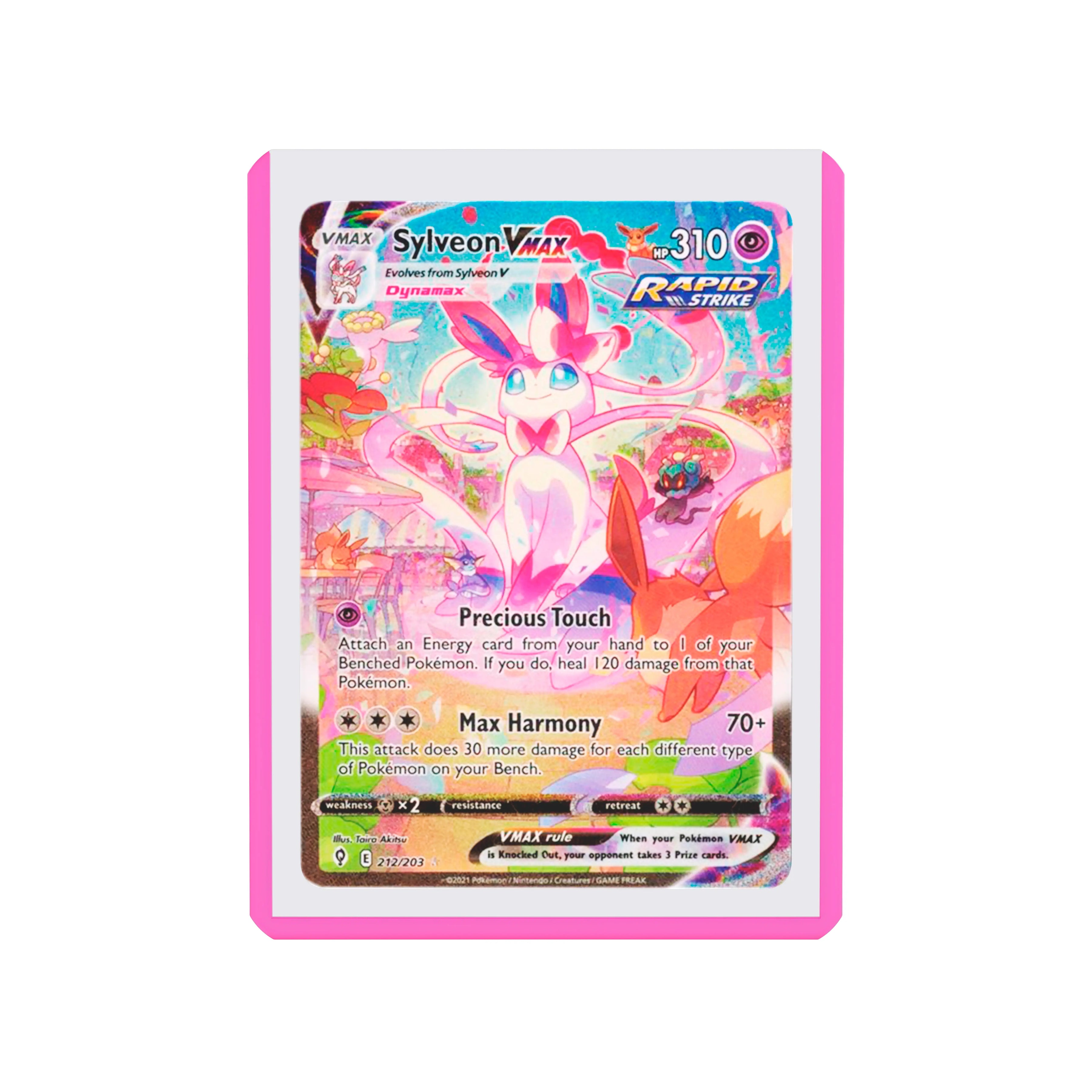 Front-facing flat view of the Dragonscale Colored Toploader Pink, featuring a Sylveon VMAX Evolving Skies PSA 10 Pokemon card.