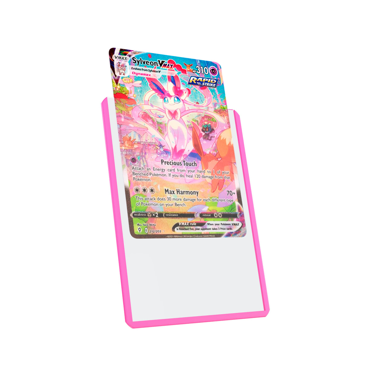 Display and demo view of a PSA slab in Dragonscale Colored Toploader Pink, featuring a Sylveon VMAX Evolving Skies PSA 10 Pokemon card.