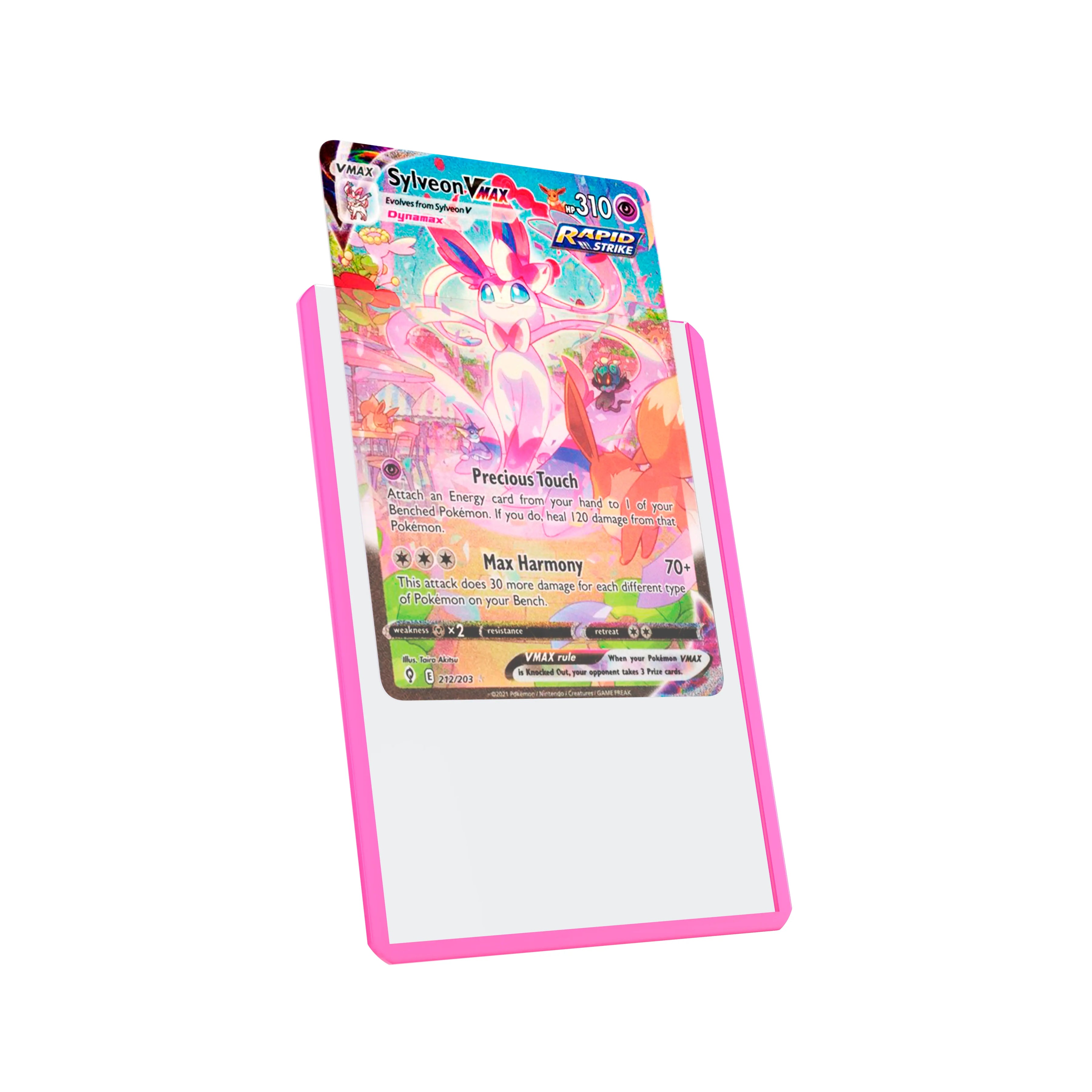 Display and demo view of a PSA slab in Dragonscale Colored Toploader Pink, featuring a Sylveon VMAX Evolving Skies PSA 10 Pokemon card.