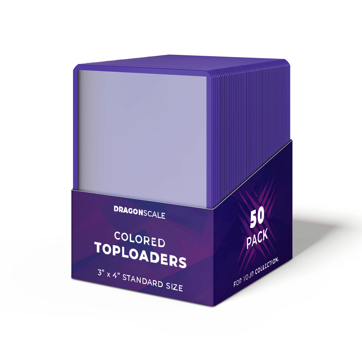 Packaging view of the Dragonscale 50 pack Colored Toploader Purple for Standard Trading Cards with Dragonscale packaging box and label.