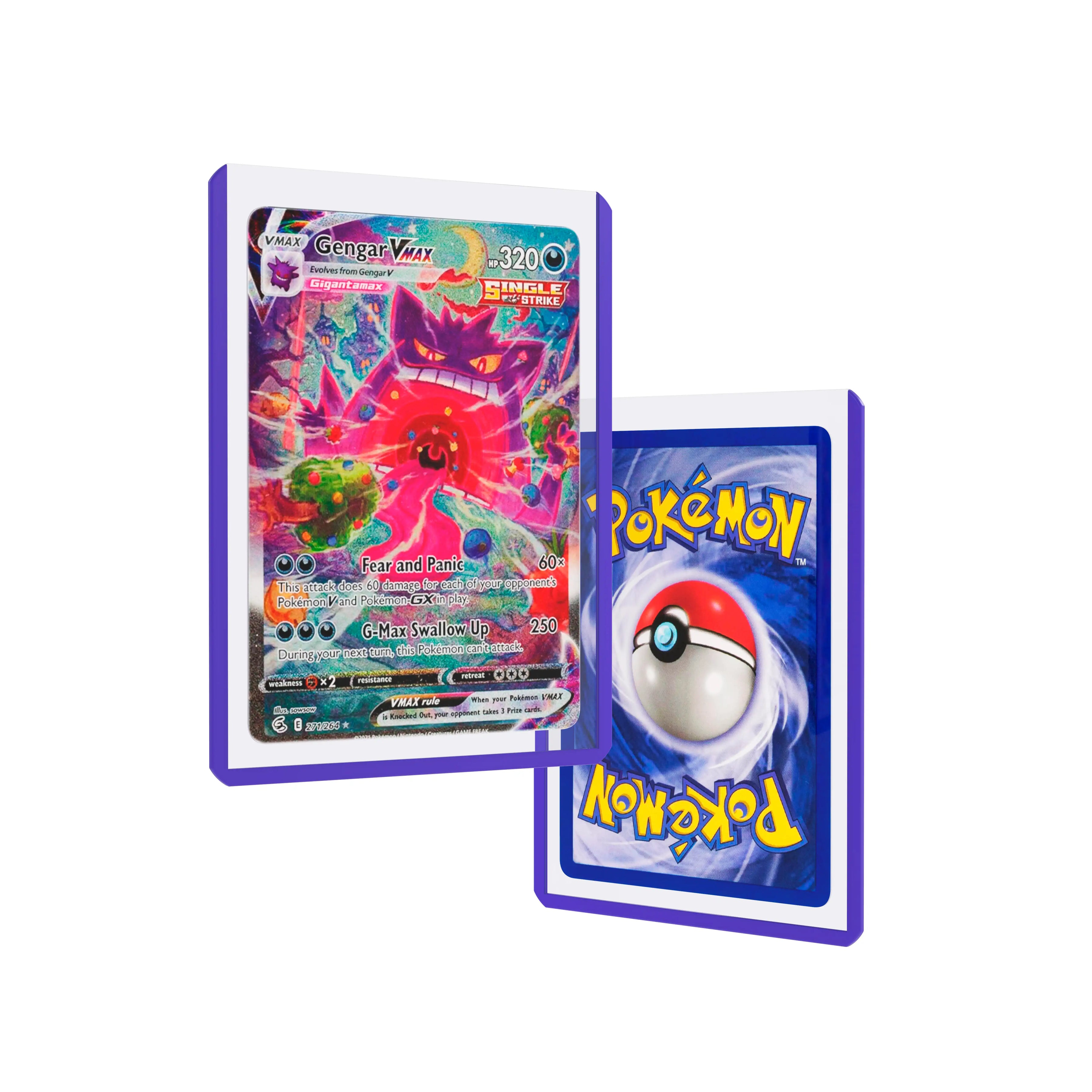 Front and back duo view of a Dragonscale Colored Toploader Purple, featuring a Gengar VMAX Fusion Strike PSA 10 Pokemon card.