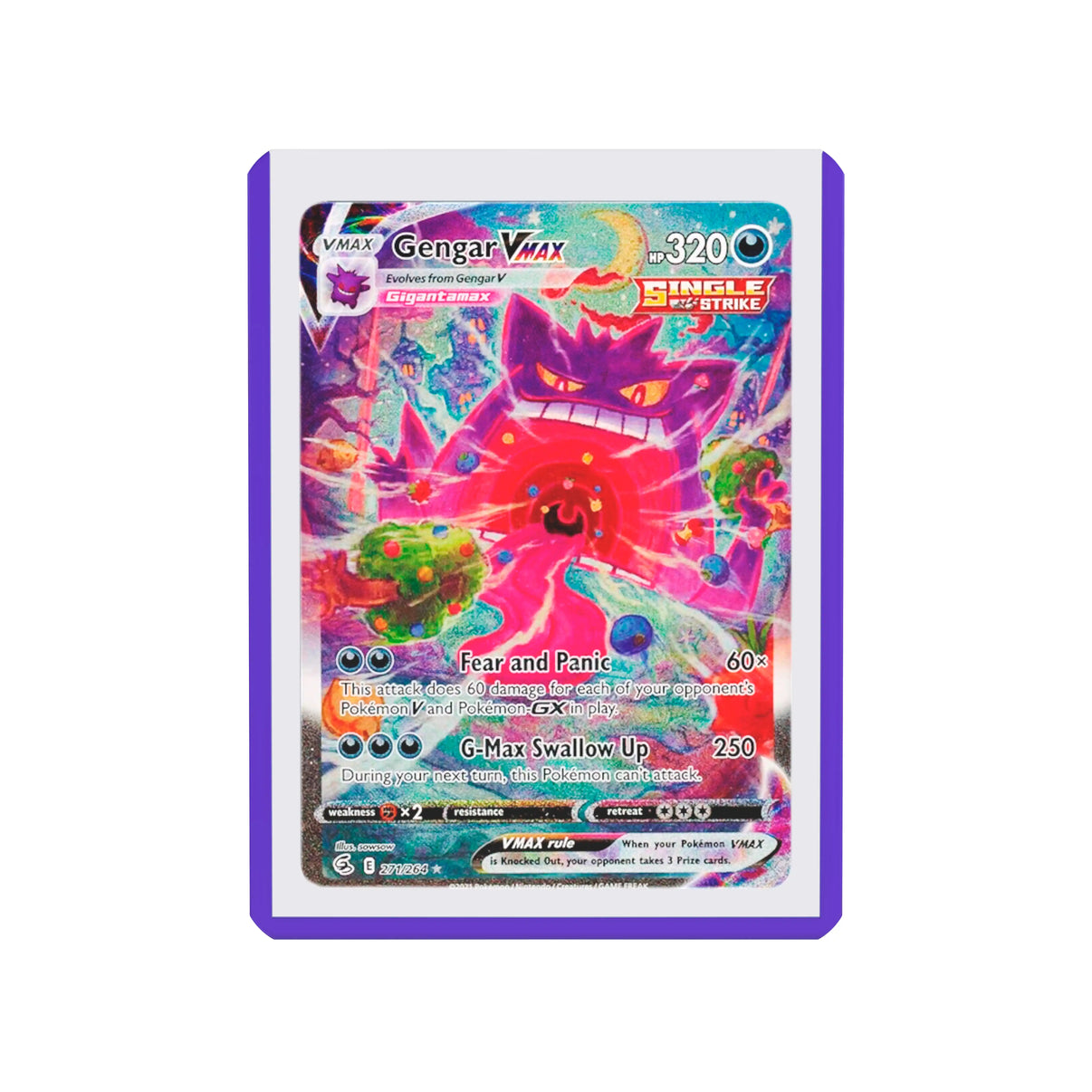 Front-facing flat view of the Dragonscale Colored Toploader Purple, featuring a Gengar VMAX Fusion Strike PSA 10 Pokemon card.