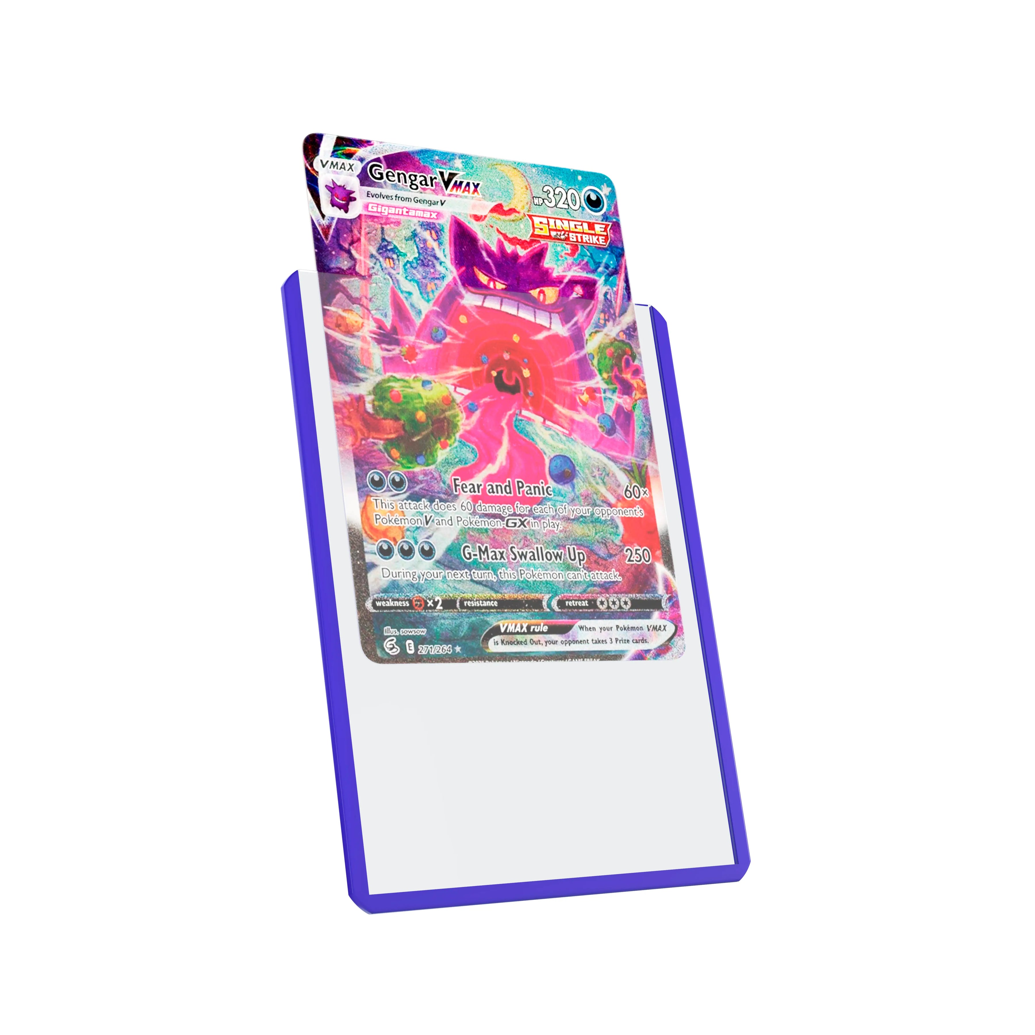 Display and demo view of a PSA slab in Dragonscale Colored Toploader Purple, featuring a Gengar VMAX Fusion Strike PSA 10 Pokemon card.
