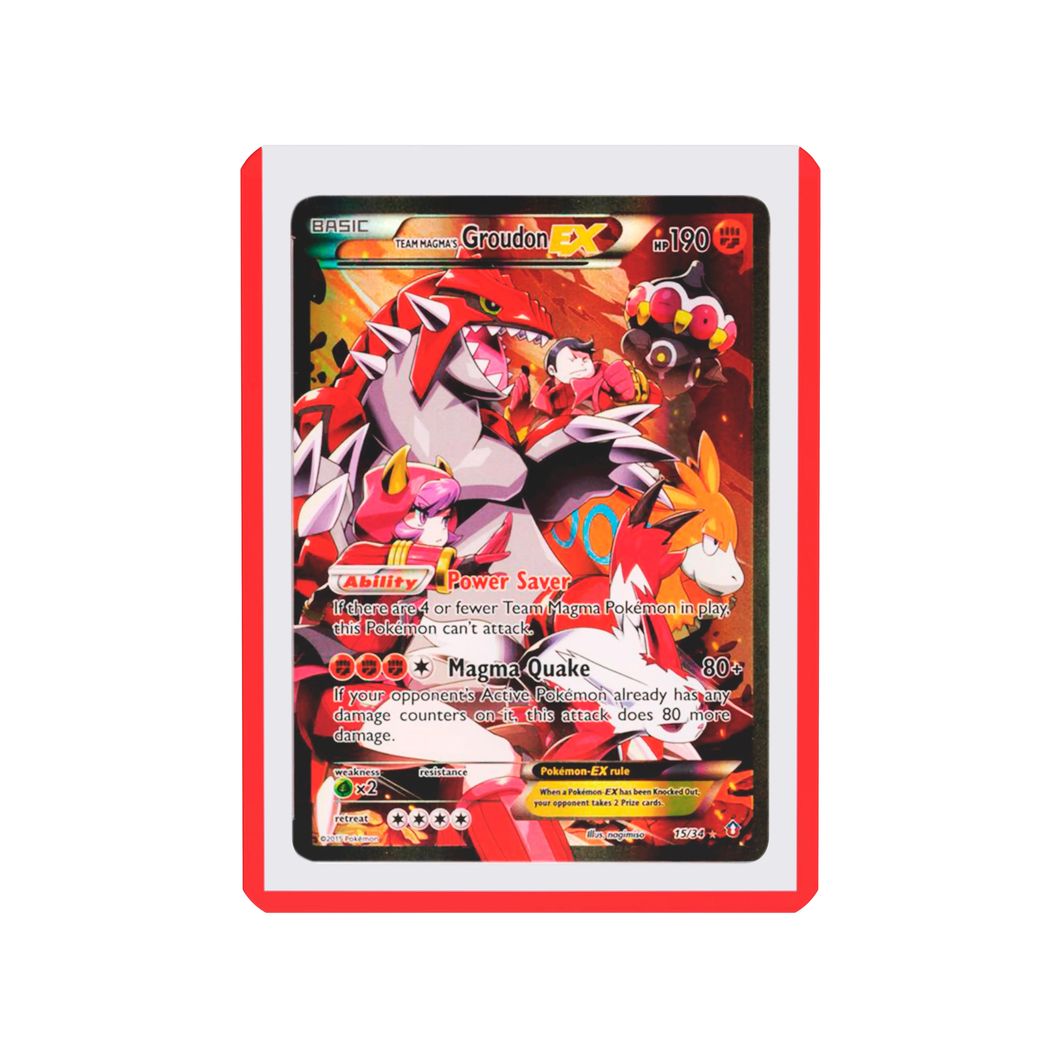 Front-facing flat view of the Dragonscale Colored Toploader Red, featuring a Groudon Ex Double Crisis PSA 10 Pokemon card.
