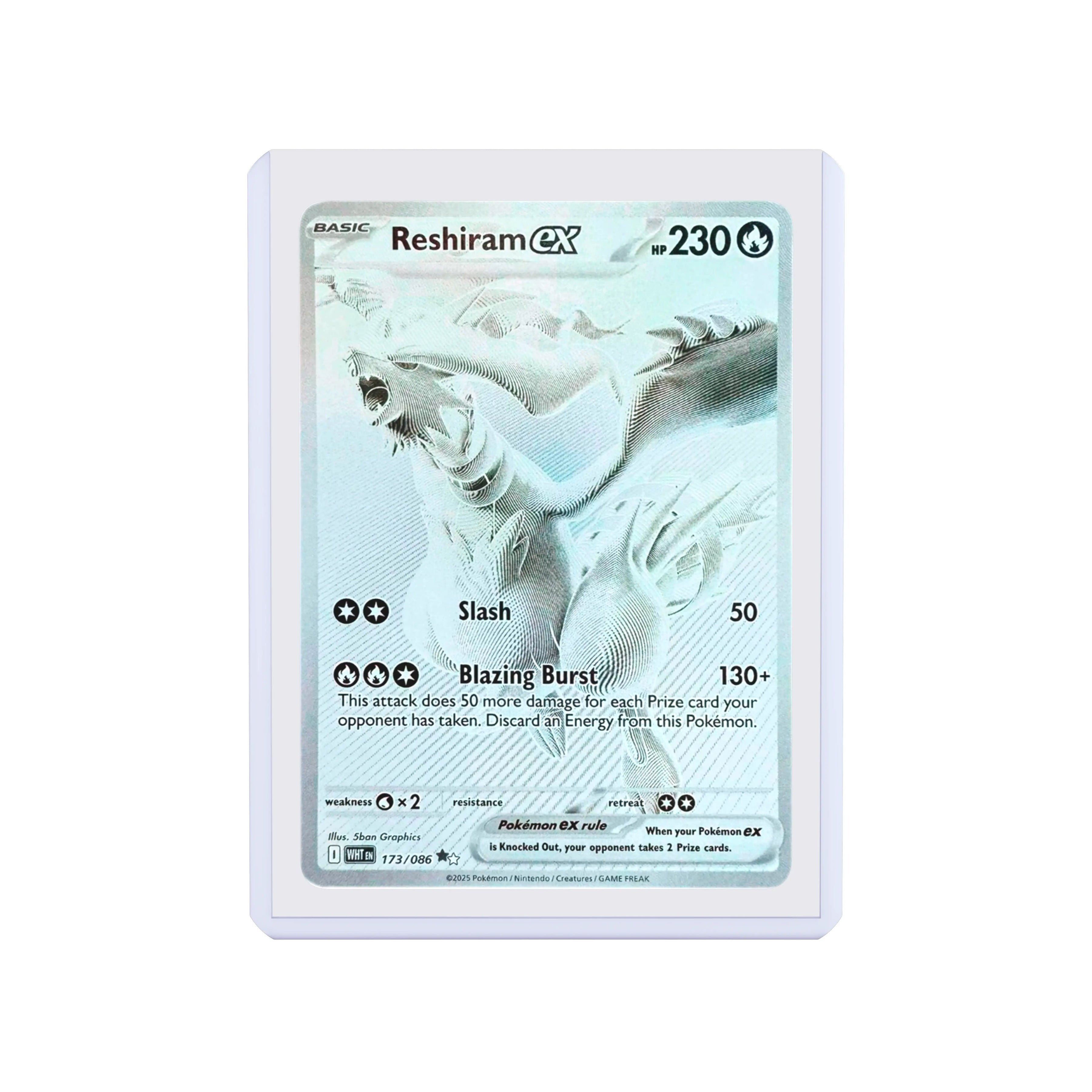 Front-facing flat view of the Dragonscale Colored Toploader White, featuring a Reshiram EX  White Flare PSA 10 Pokemon card.