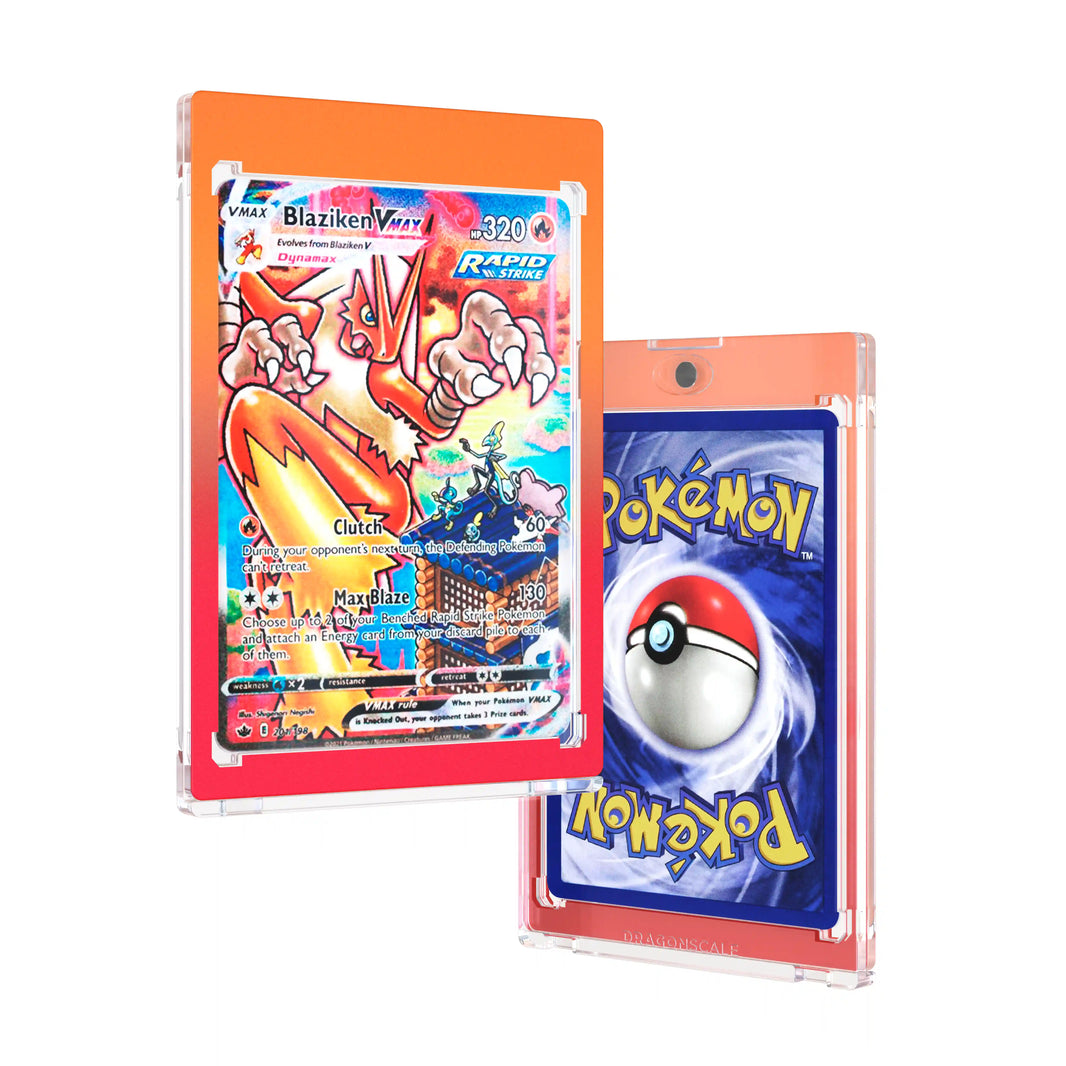 Front and back duo view of a Dragonscale 35PT Magnetic Card Holder Case Blaze, featuring a Blaziken VMAX Chilling Reign PSA 10 Pokemon card.