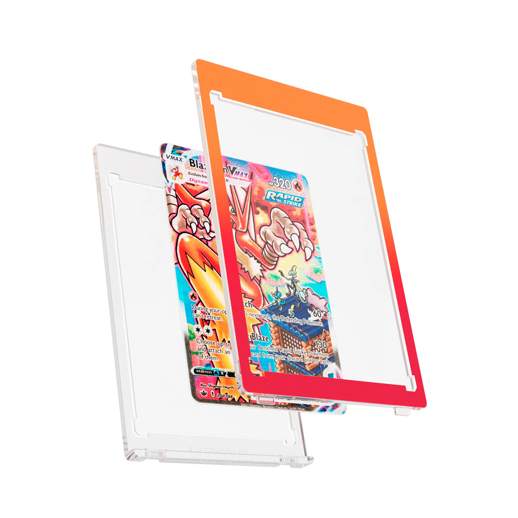 Expanded layered view of the Dragonscale 35PT Magnetic Card Holder Case Blaze with a Blaziken VMAX Chilling Reign PSA 10 Pokemon card card between transparent panels.