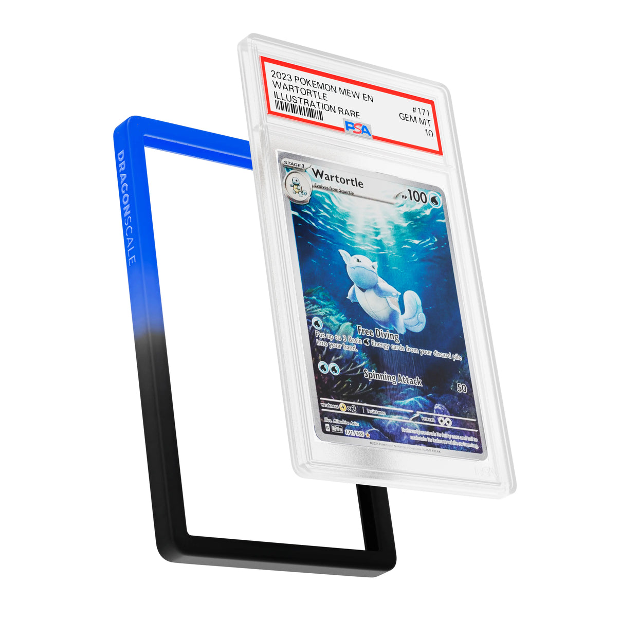 Display and demo view of a PSA slab in Gradient Abyssal Dragonscale bumper guard, featuring a Wartortle Scarlet & Violet 151 PSA 10 Pokemon card.