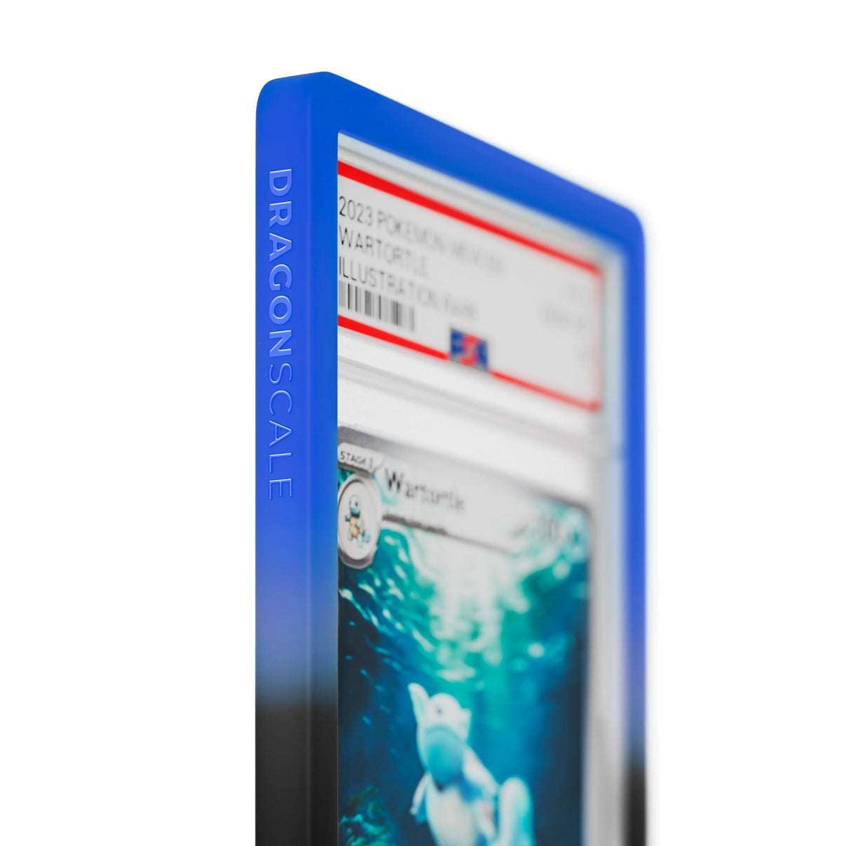 Close up logo zoom view of a PSA slab in Gradient Abyssal Dragonscale bumper guard, featuring a Wartortle Scarlet & Violet 151 PSA 10 Pokemon card.