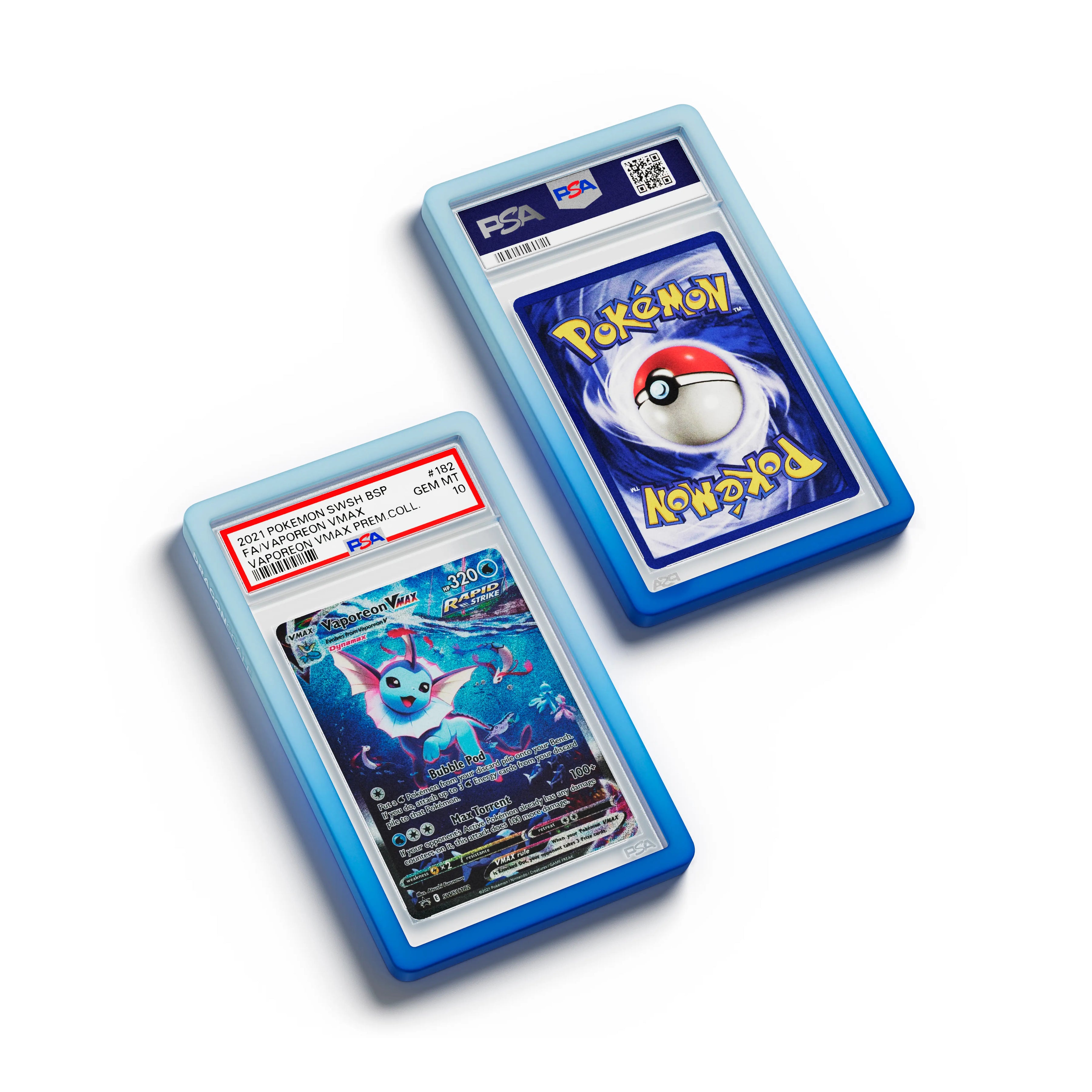 Top-down flat view of a PSA slab in Gradient Blaze Dragonscale bumper guard, featuring a Vaporeon VMAX Sword & Shield PSA 10 Pokemon card.