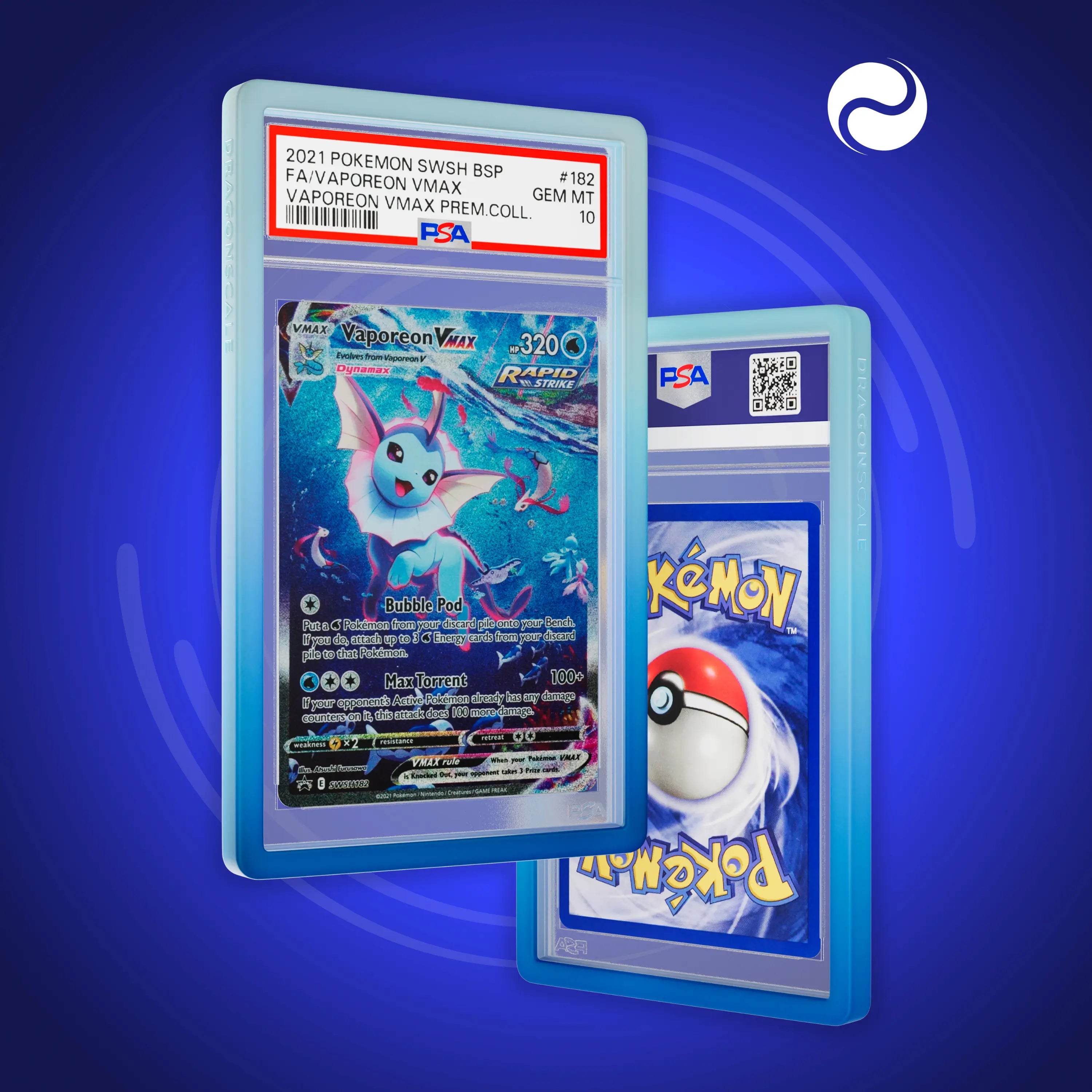Front and back view of a PSA slab in Gradient Aqua Dragonscale bumper guard, featuring a Vaporeon VMAX Sword & Shield PSA 10 Pokemon card.