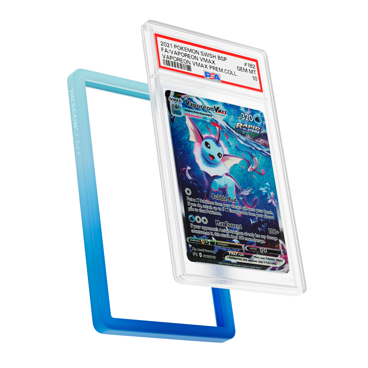 Display and demo view of a PSA slab in Gradient Aqua Dragonscale bumper guard, featuring a Vaporeon VMAX Sword & Shield PSA 10 Pokemon card.