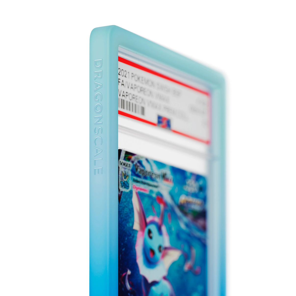 Close up logo zoom view of a PSA slab in Gradient Aqua Dragonscale bumper guard, featuring a Vaporeon VMAX Sword & Shield PSA 10 Pokemon card.