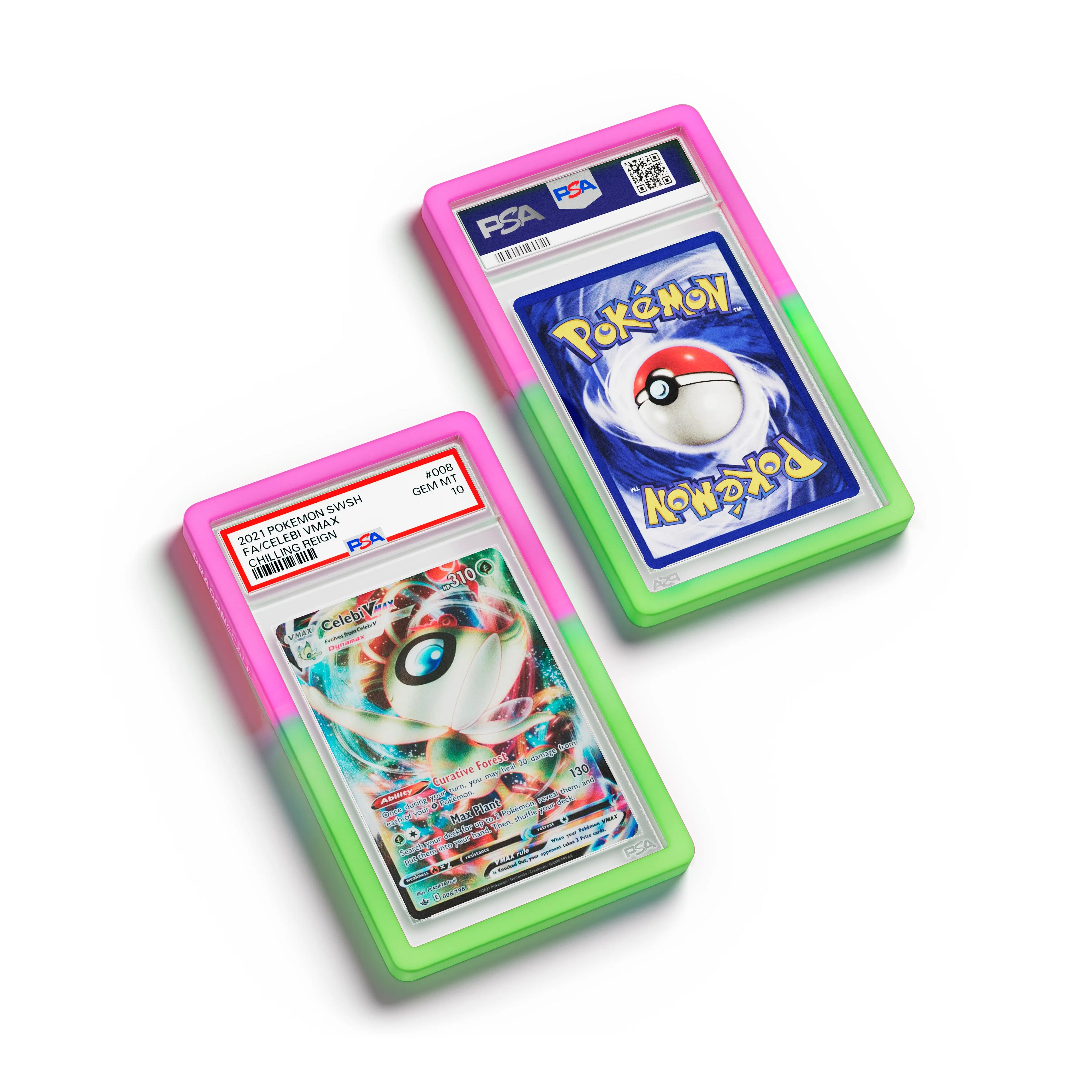 Top-down flat view of a PSA slab in Gradient Aurora Dragonscale bumper guard, featuring a Celebi VMAX Chilling Reign PSA 10 Pokemon card.