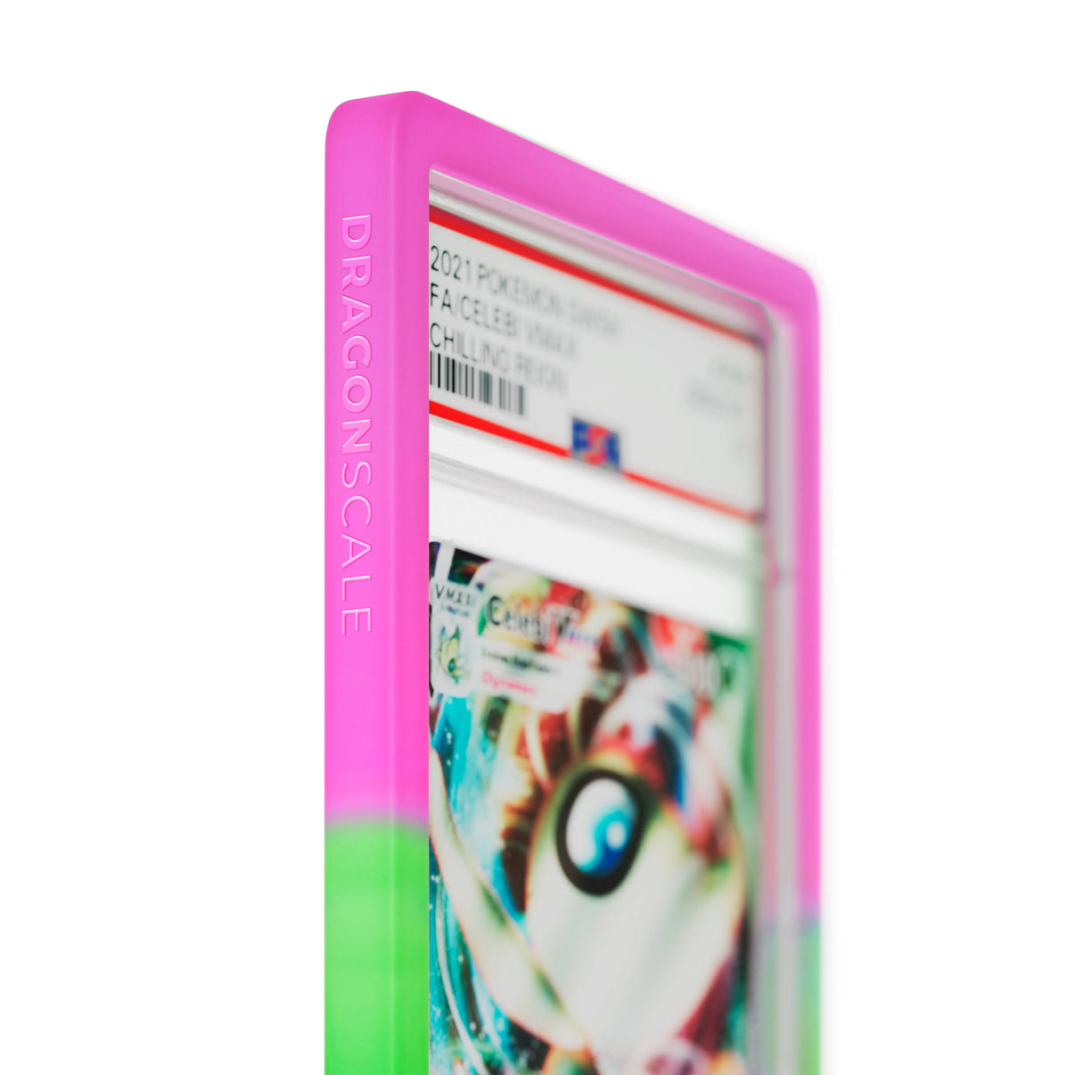Close up logo zoom view of a PSA slab in Gradient Aurora Dragonscale bumper guard, featuring a Celebi VMAX Chilling Reign PSA 10 Pokemon card.