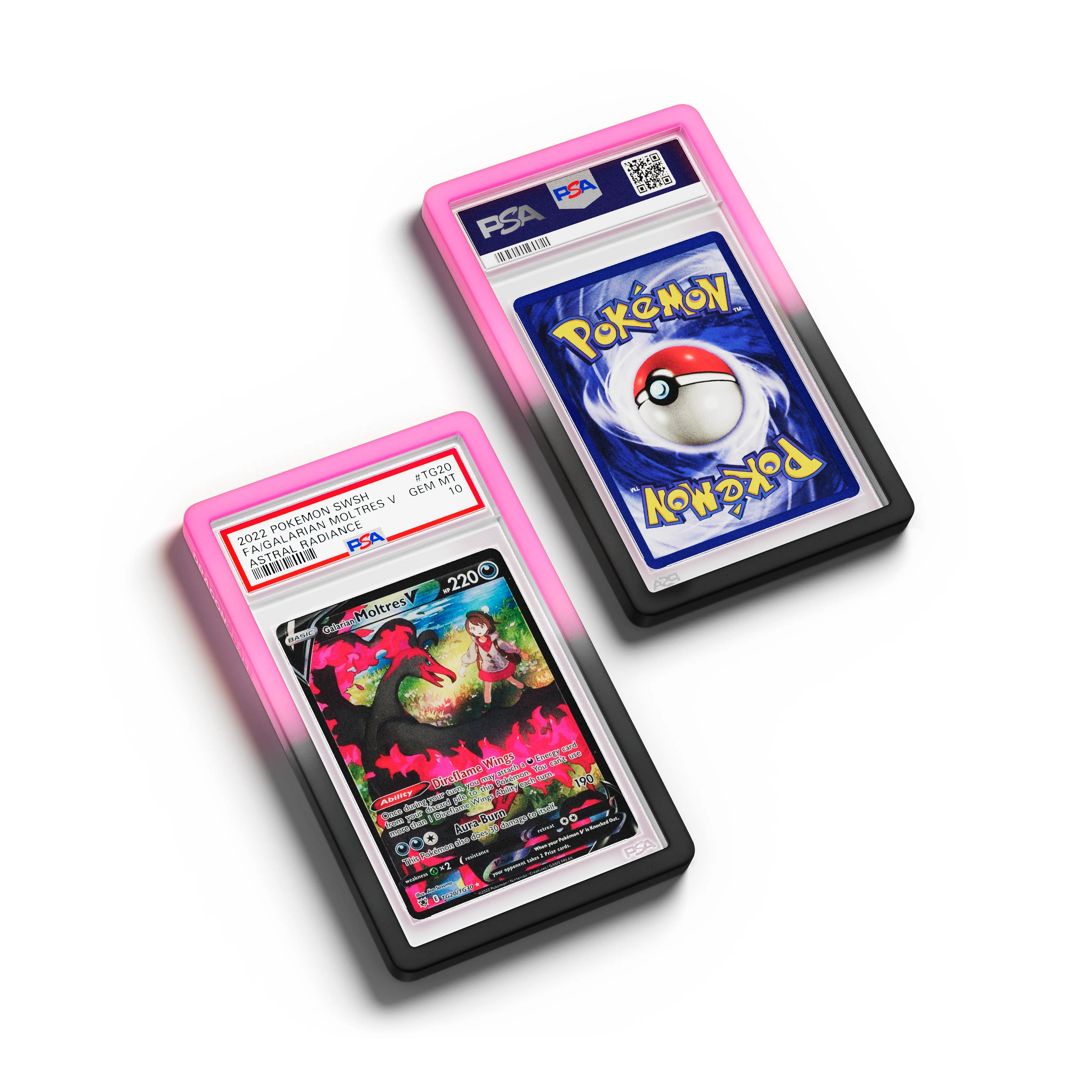 Top-down flat view of a PSA slab in Gradient Blackrose Dragonscale bumper guard, featuring a Galarian Moltres V Astral Radiance PSA 10 Pokemon card.