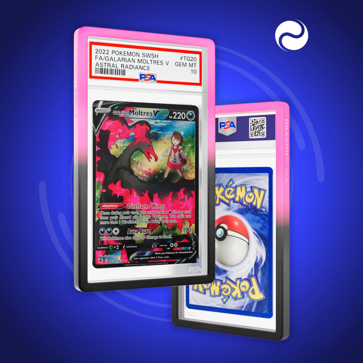 Front and back view of a PSA slab in Gradient Blackrose Dragonscale bumper guard, featuring a Galarian Moltres V Astral Radiance PSA 10 Pokemon card.