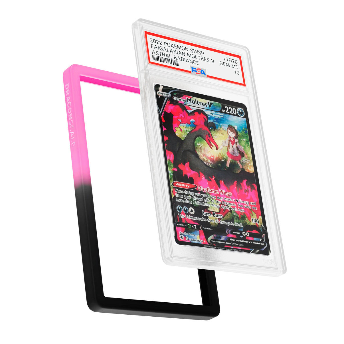 Display and demo view of a PSA slab in Gradient Blackrose Dragonscale bumper guard, featuring a Galarian Moltres V Astral Radiance PSA 10 Pokemon card.