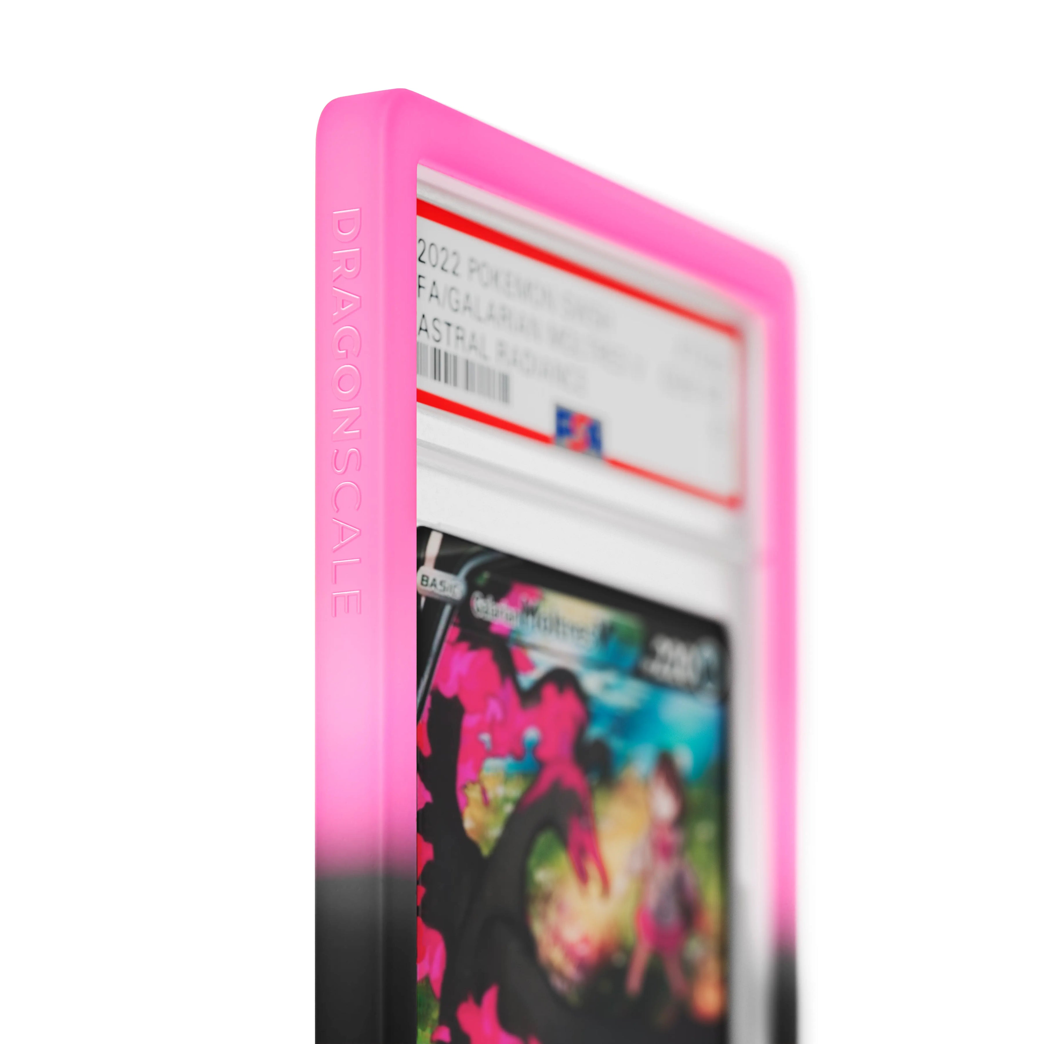 Close up logo zoom view of a PSA slab in Gradient Blackrose Dragonscale bumper guard, featuring a Galarian Moltres V Astral Radiance PSA 10 Pokemon card.