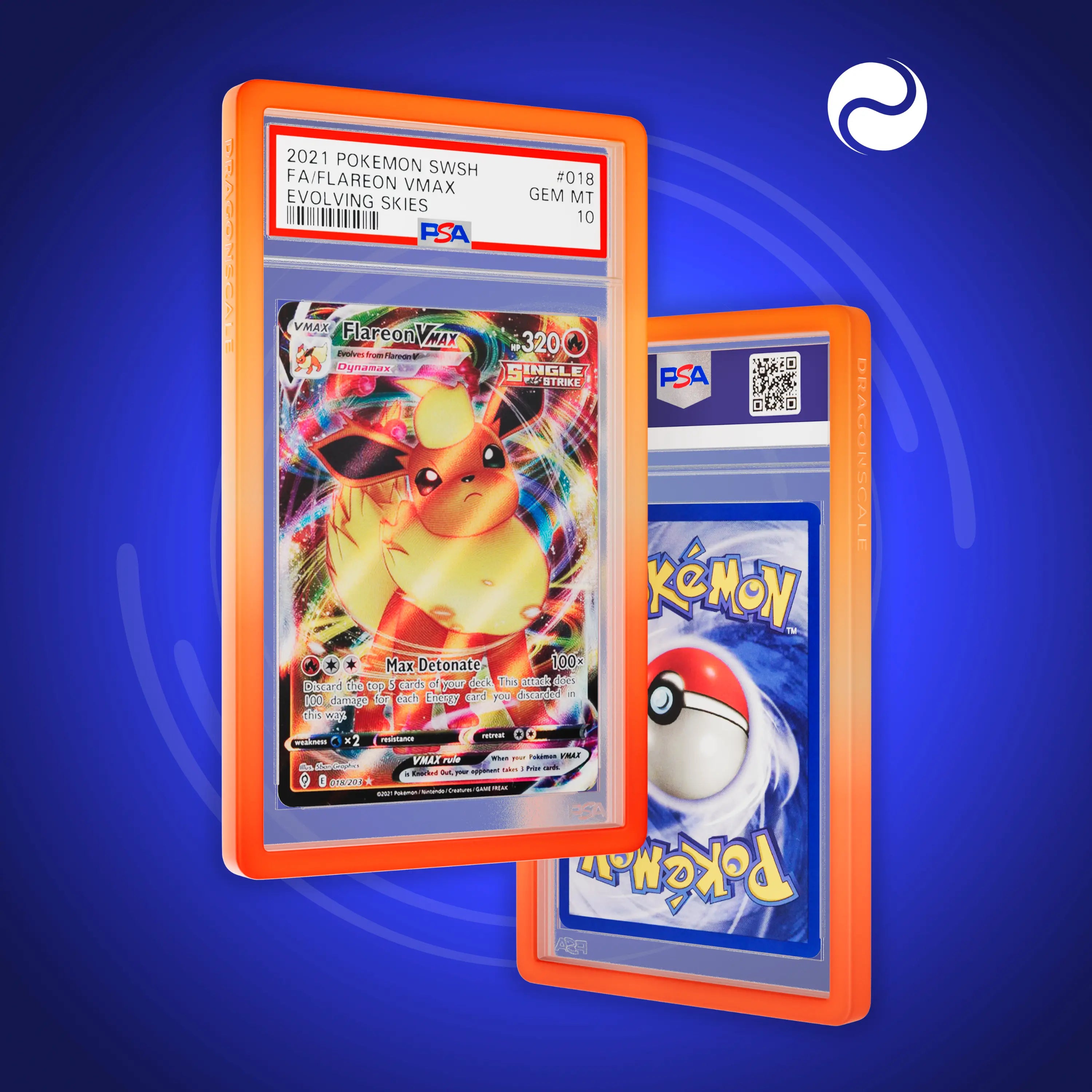 Front and back view of a PSA slab in Gradient Blaze Dragonscale bumper guard, featuring a Flareon VMAX Evolving Skies PSA 10 Pokemon card.