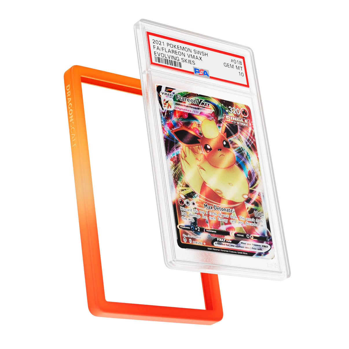 Display and demo view of a PSA slab in Gradient Blaze Dragonscale bumper guard, featuring a Flareon VMAX Evolving Skies PSA 10 Pokemon card.
