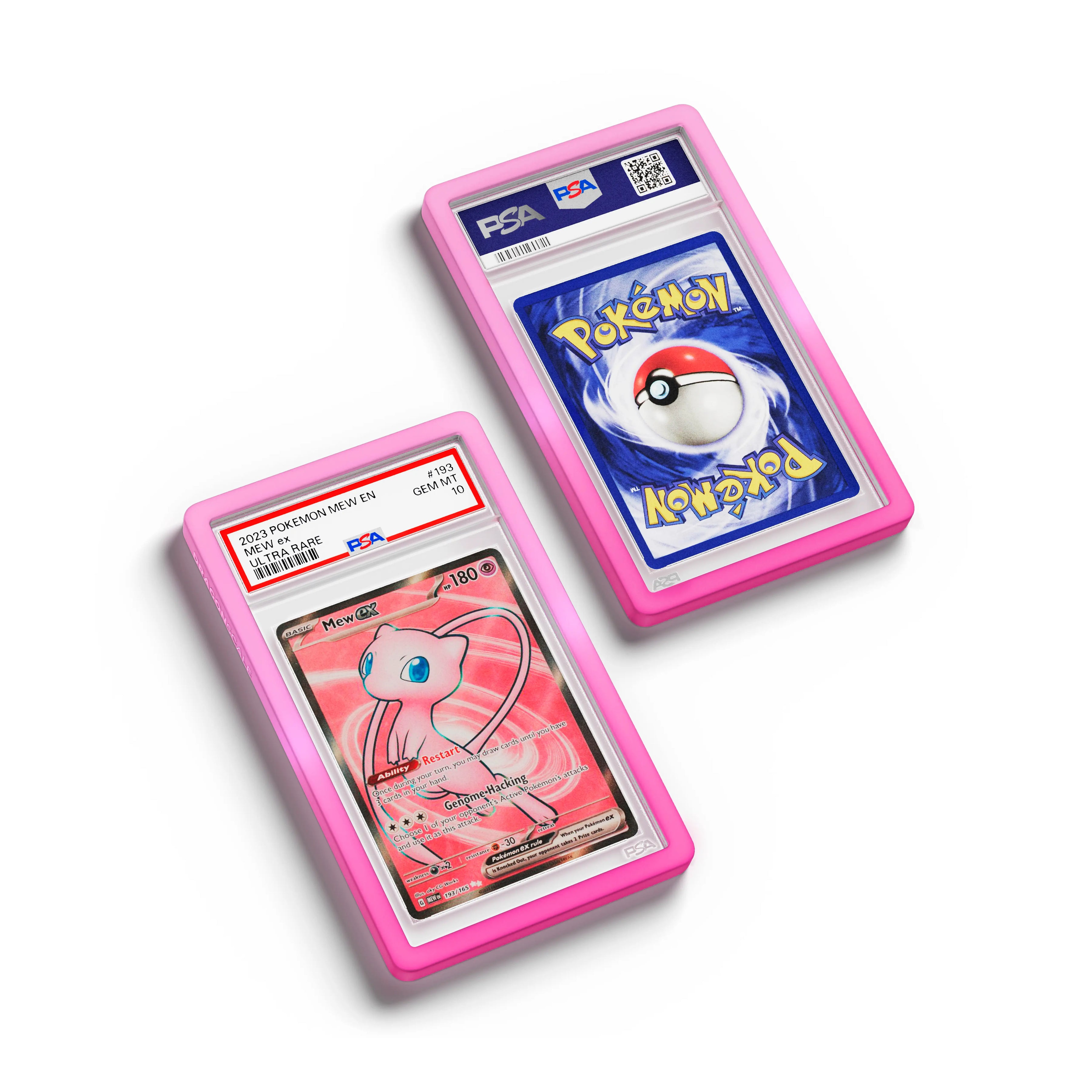 Top-down flat view of a PSA slab in Gradient Charm Dragonscale bumper guard, featuring a Mew EX Scarlet & Violet 151 PSA 10 Pokemon card.