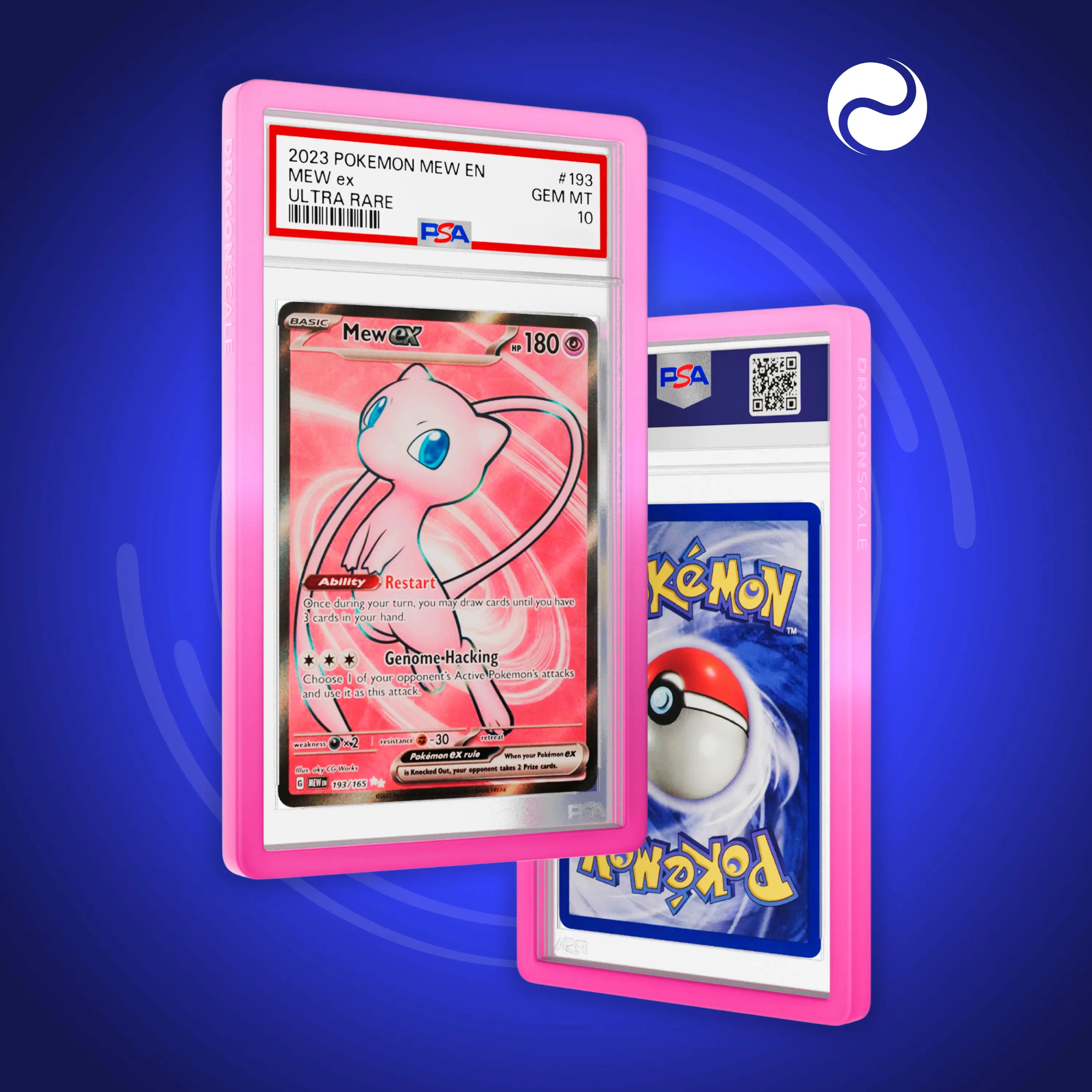 Front and back view of a PSA slab in Gradient Charm Dragonscale bumper guard, featuring a Mew EX Scarlet & Violet 151 PSA 10 Pokemon card.