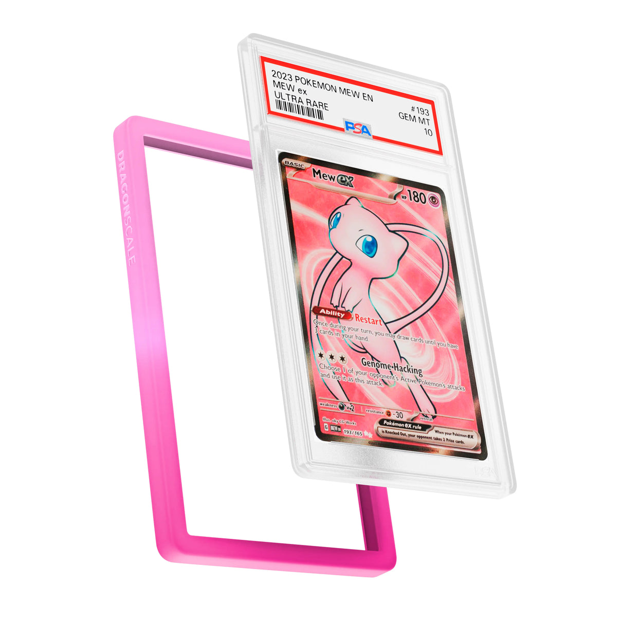 Display and demo view of a PSA slab in Gradient Charm Dragonscale bumper guard, featuring a Mew EX Scarlet & Violet 151 PSA 10 Pokemon card.