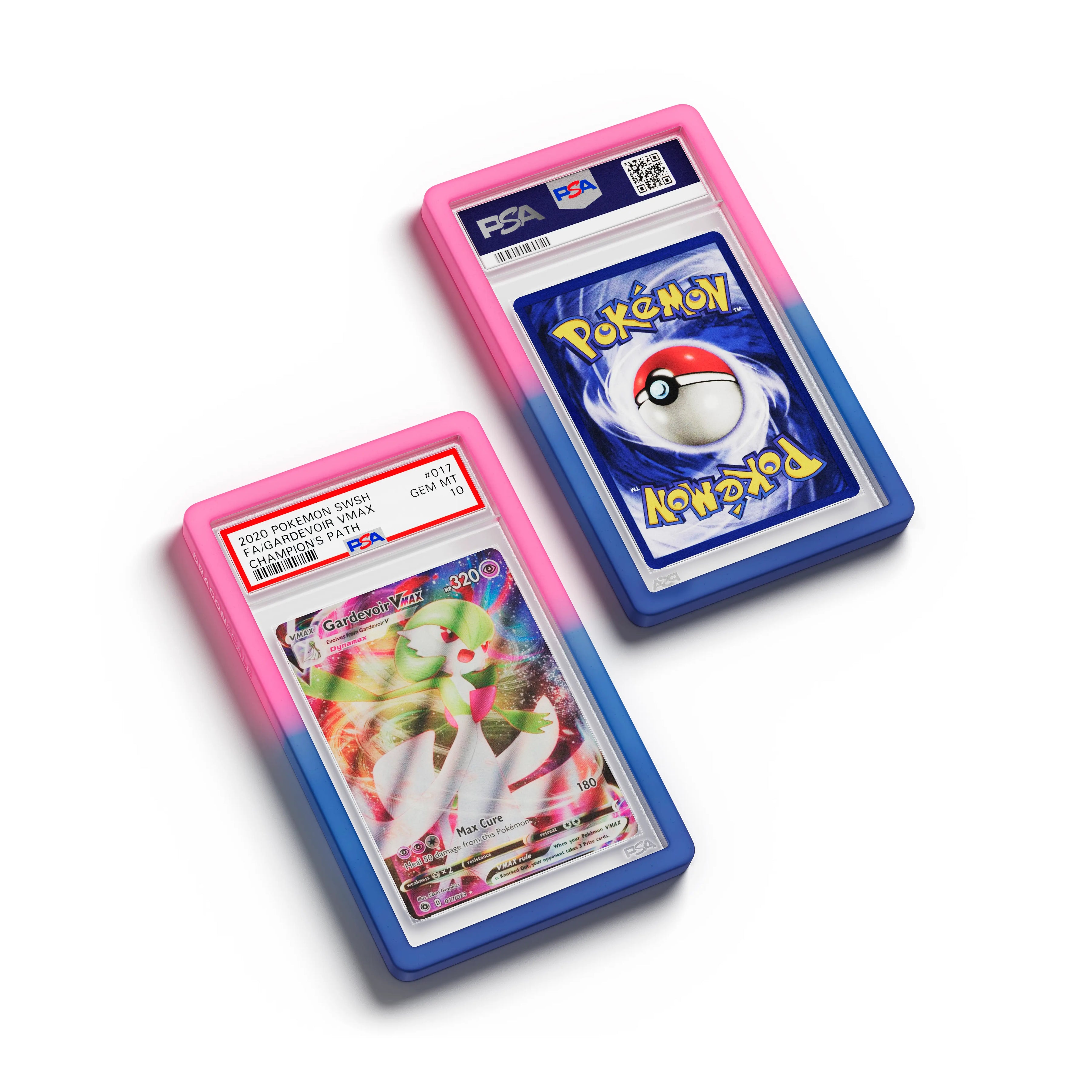 Top-down flat view of a PSA slab in Gradient Blaze Dragonscale bumper guard, featuring a Gardevoir VMAX Champion’s Path PSA 10 Pokemon card.