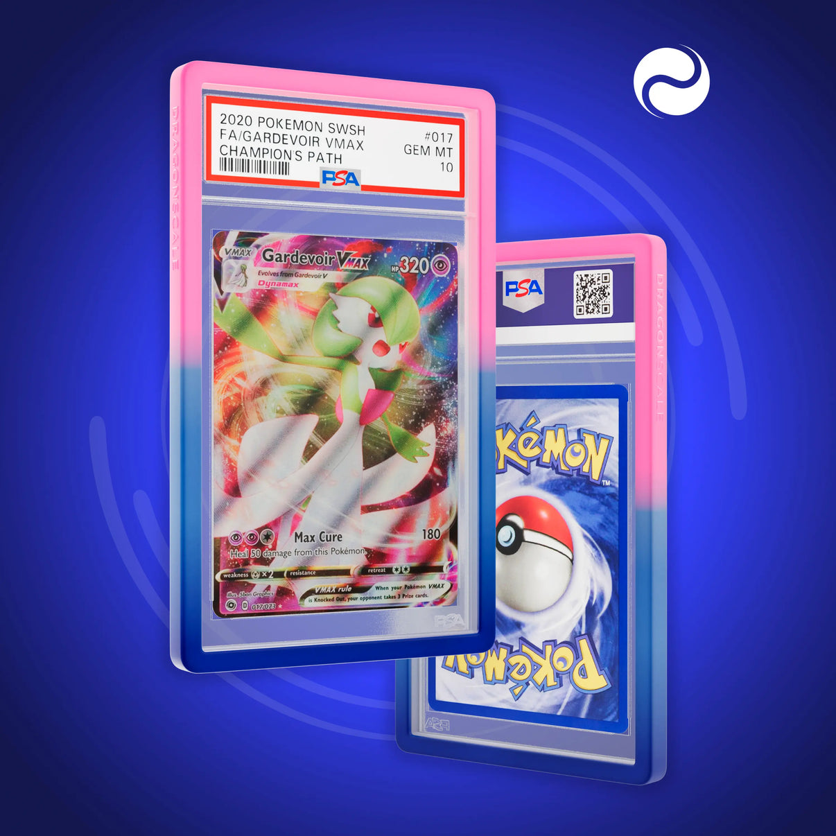 Front and back view of a PSA slab in Gradient Cosmic Dragonscale bumper guard, featuring a Gardevoir VMAX Champion’s Path PSA 10 Pokemon card.
