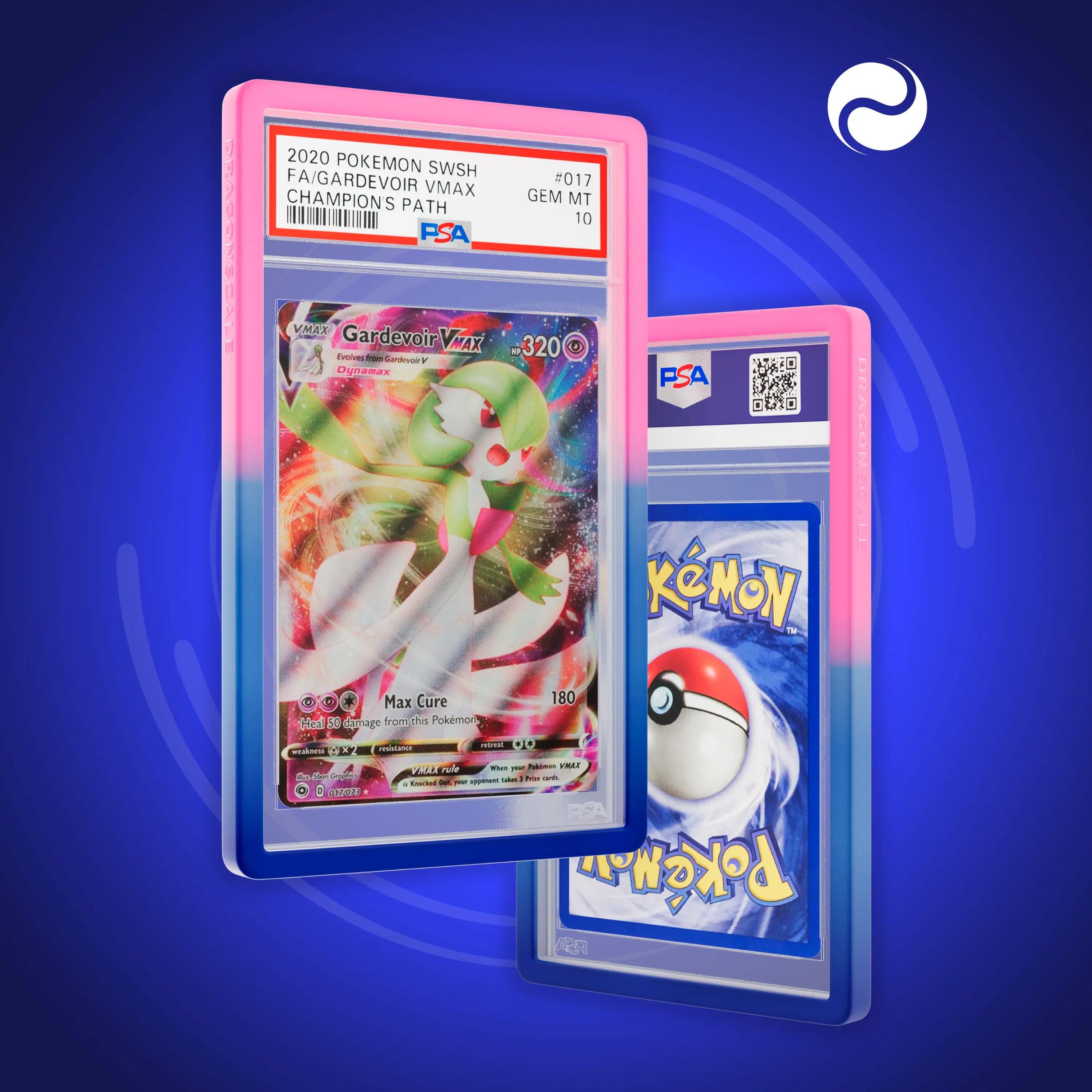 Front and back view of a PSA slab in Gradient Cosmic Dragonscale bumper guard, featuring a Gardevoir VMAX Champion’s Path PSA 10 Pokemon card.