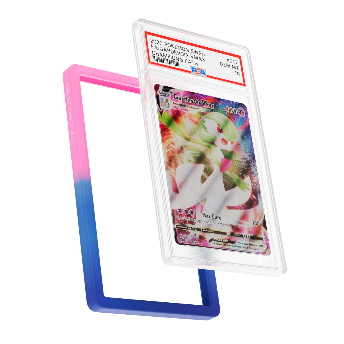 Display and demo view of a PSA slab in Gradient Cosmic Dragonscale bumper guard, featuring a Gardevoir VMAX Champion’s Path PSA 10 Pokemon card.