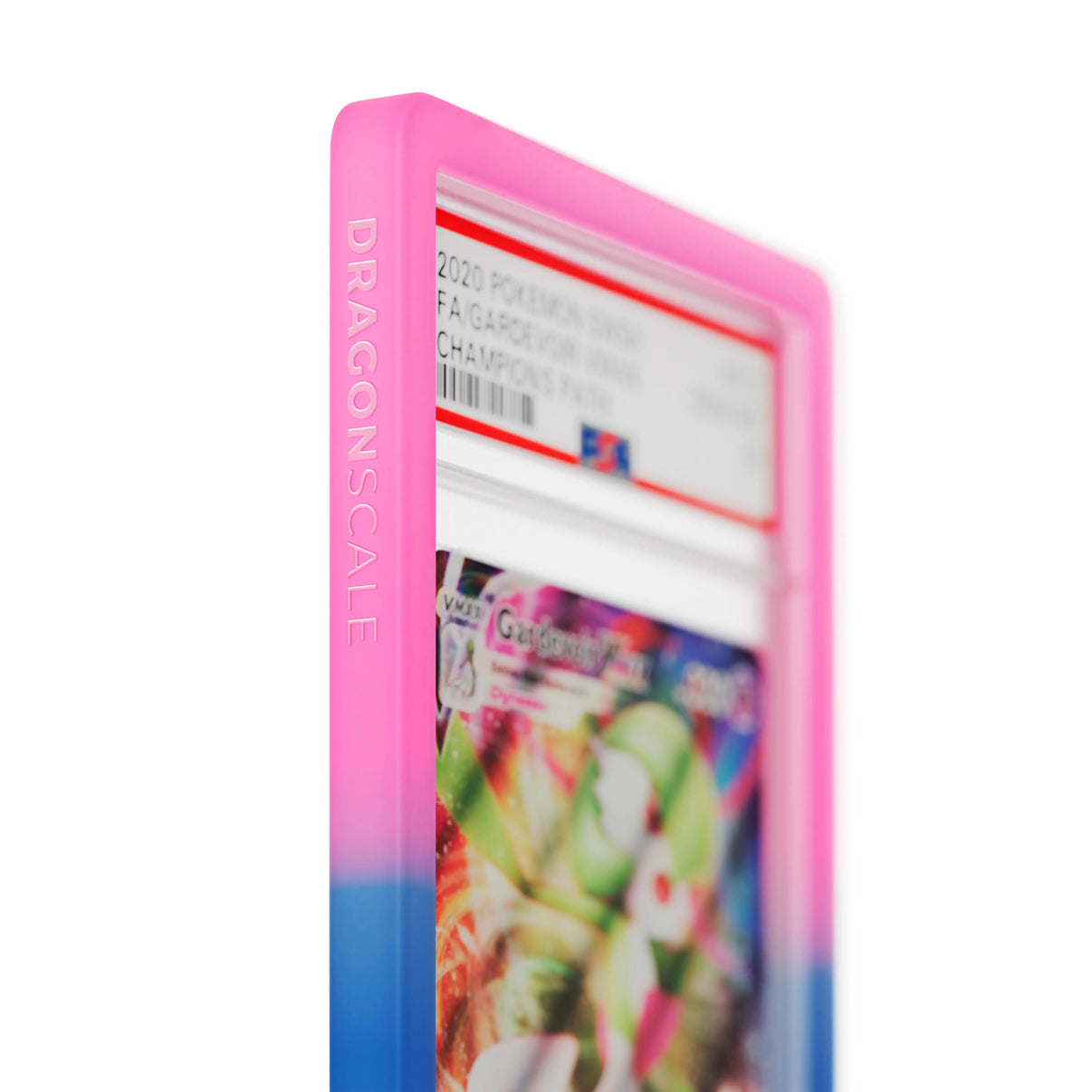 Close up logo zoom view of a PSA slab in Gradient Cosmic Dragonscale bumper guard, featuring a Gardevoir VMAX Champion’s Path PSA 10 Pokemon card.