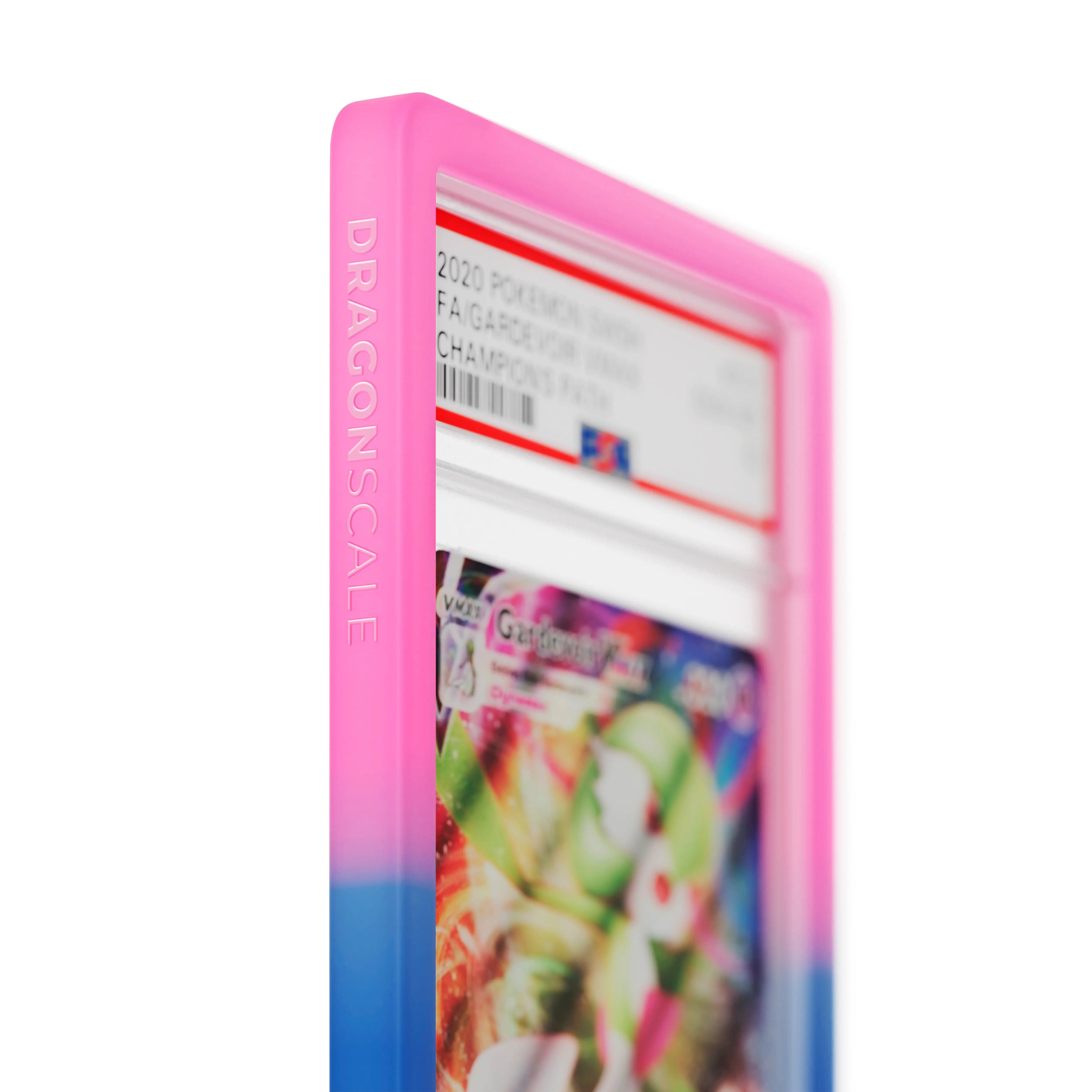 Close up logo zoom view of a PSA slab in Gradient Cosmic Dragonscale bumper guard, featuring a Gardevoir VMAX Champion’s Path PSA 10 Pokemon card.